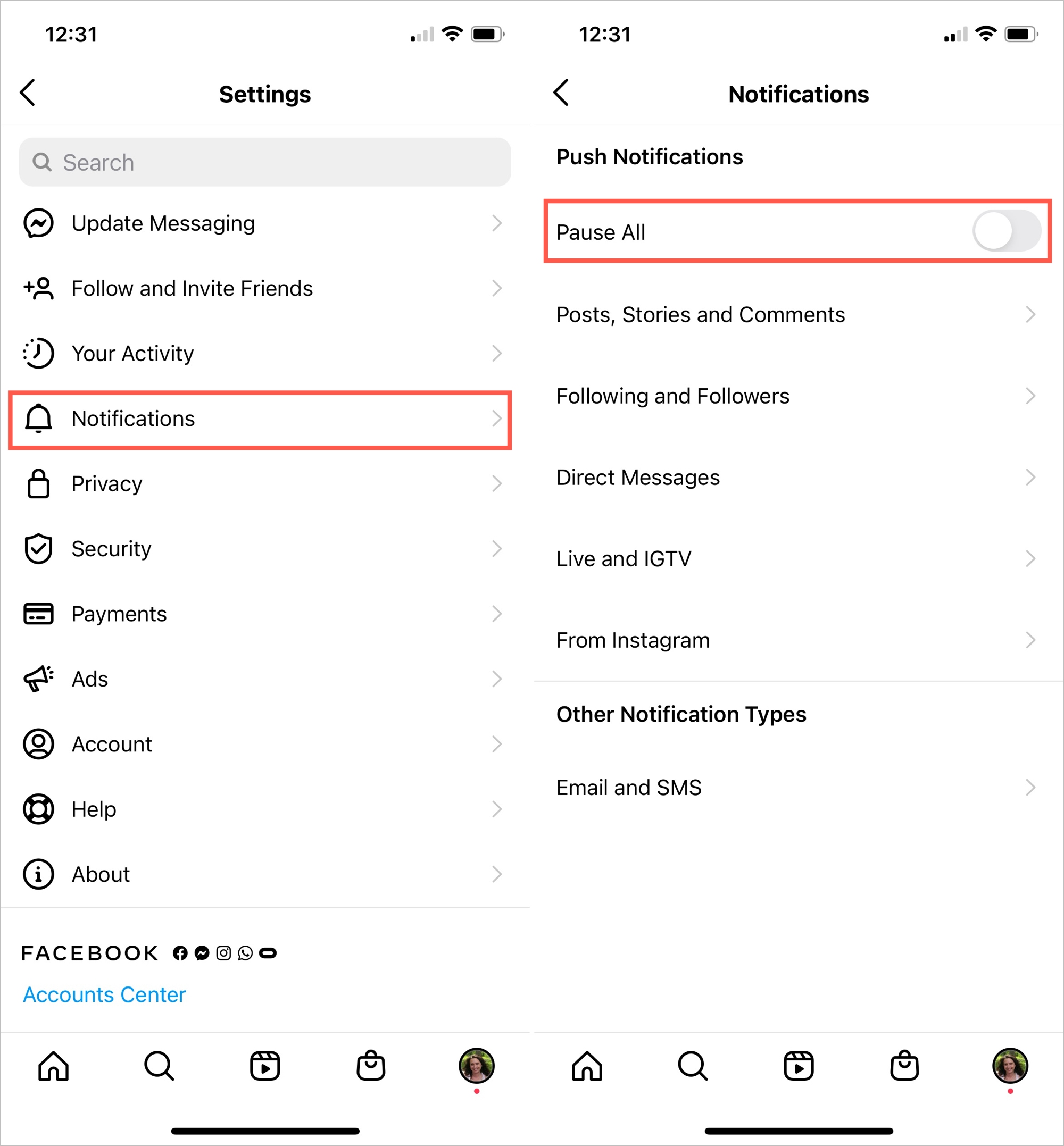 Instagram Notifications and Pause Setting