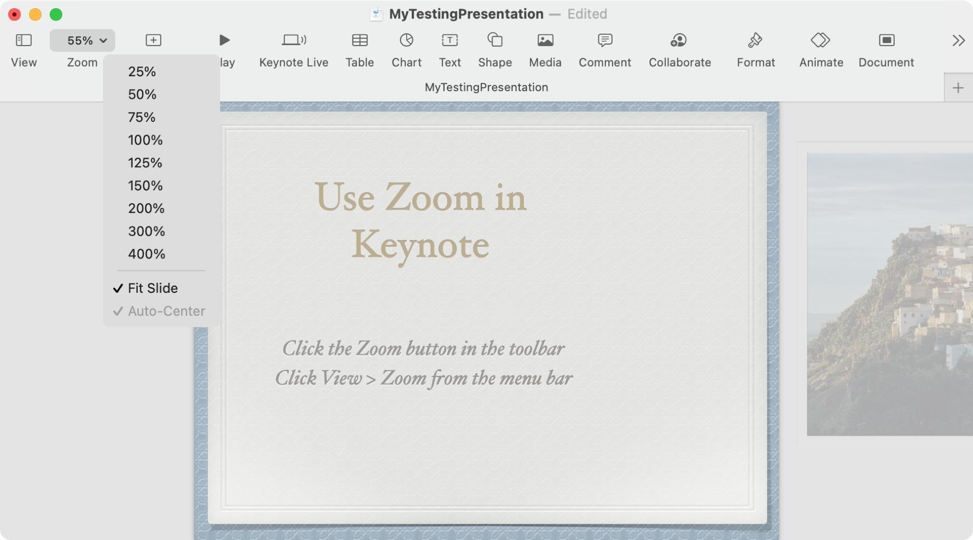 Keynote Zoom in Toolbar on Mac