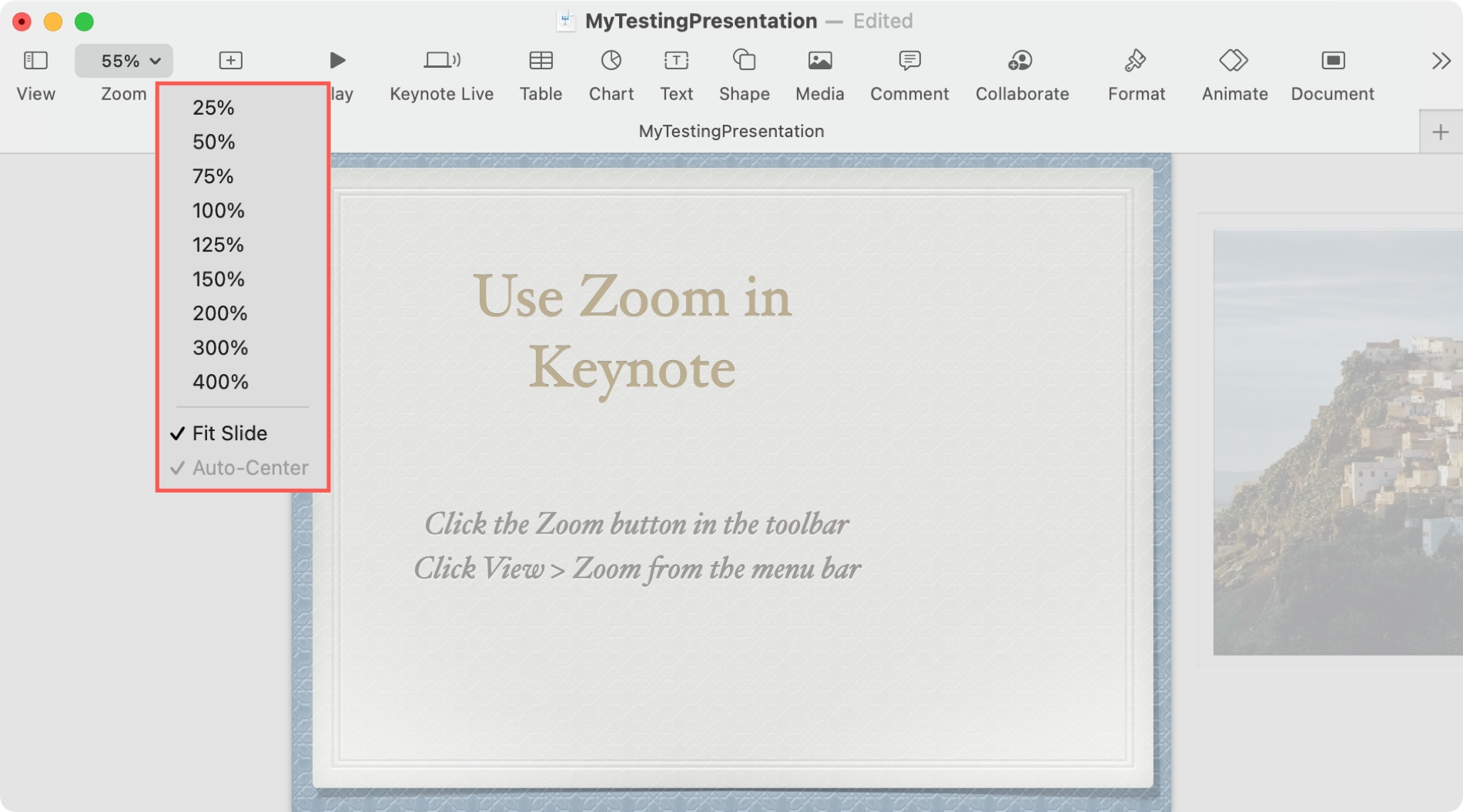 Keynote Zoom to Fit Slide on Mac