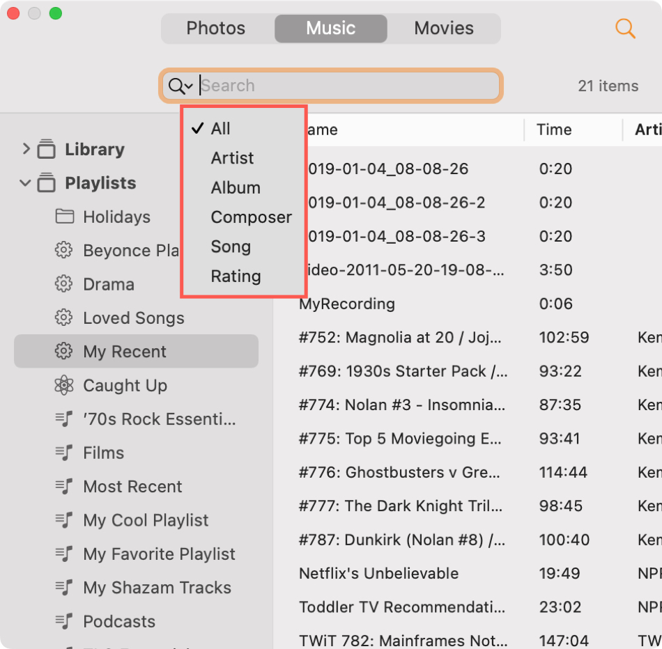 Media Browser Music Search in Pages