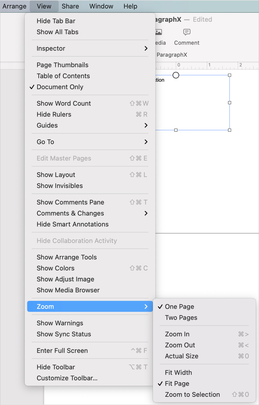 Pages View Zoom in Menu Bar on Mac