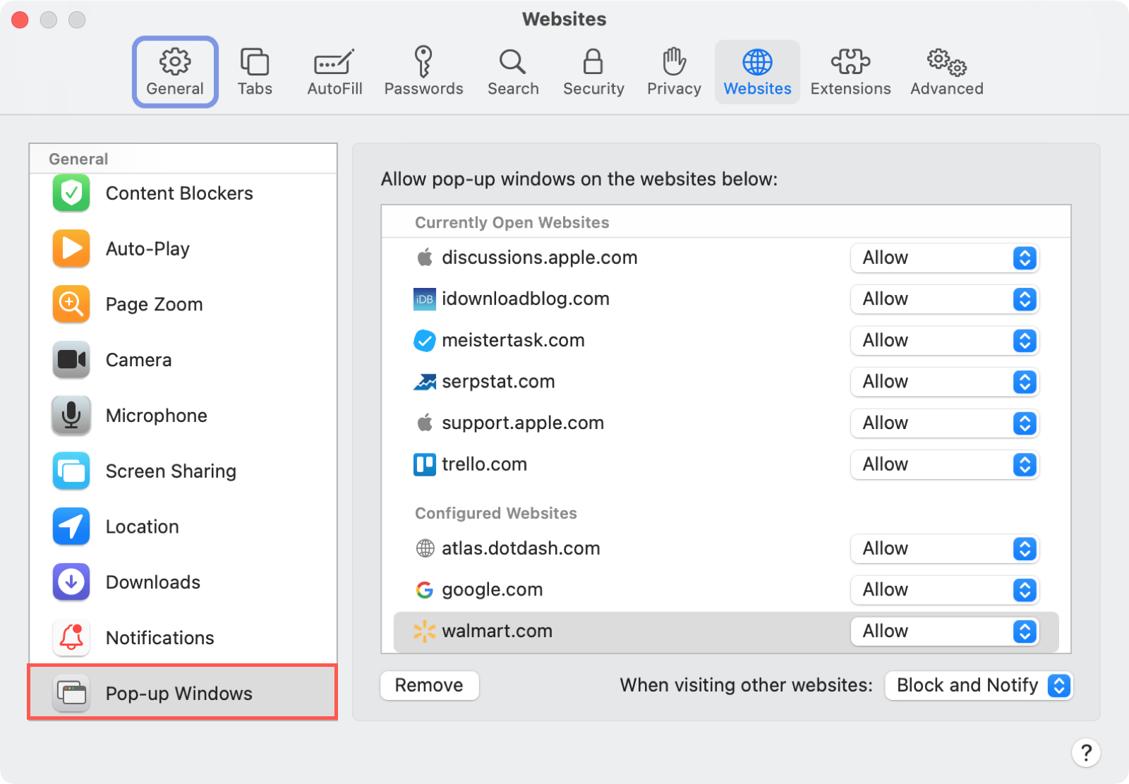 Safari Preferences, Websites Tab, Pop-up Windows Setting on Mac
