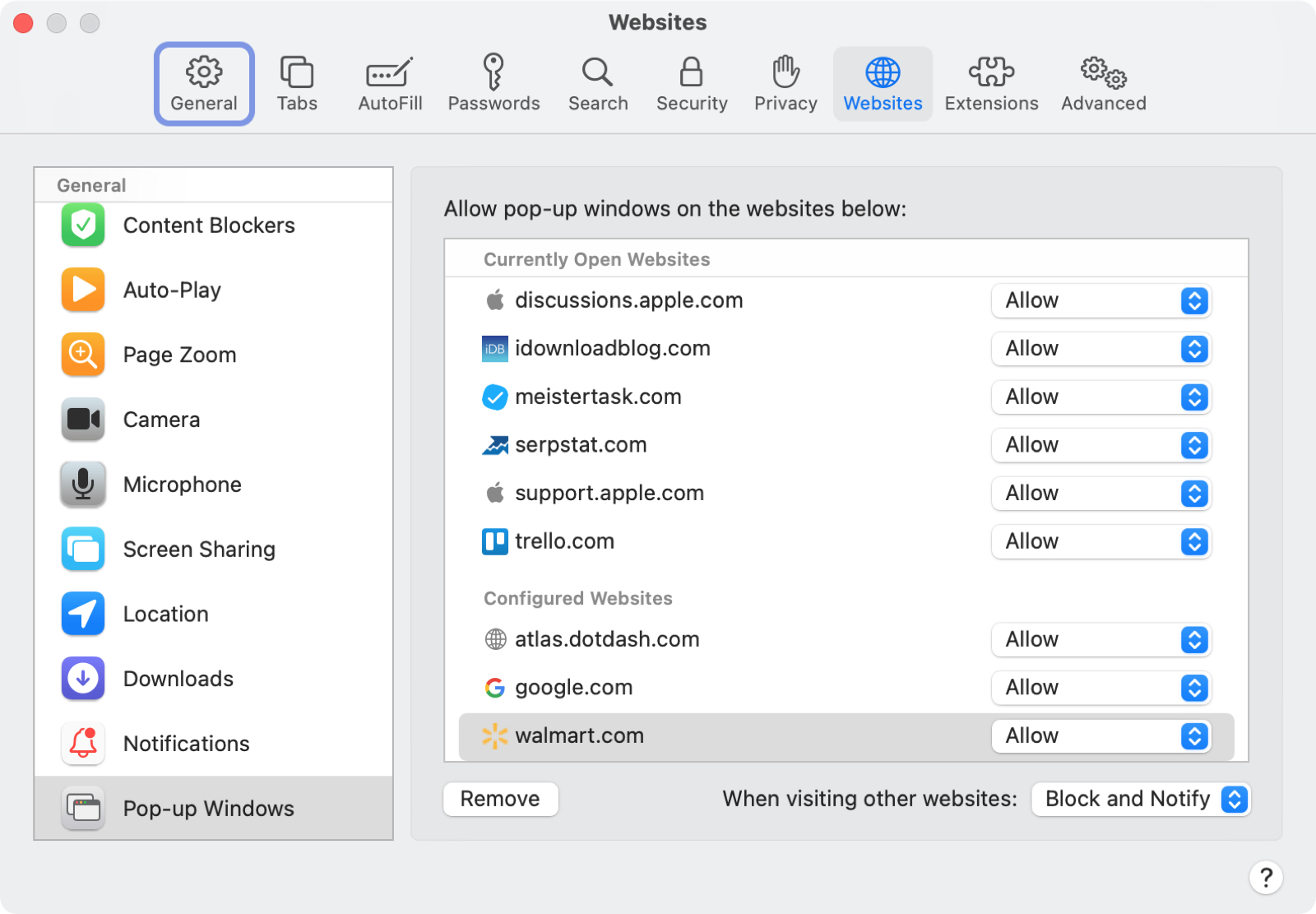 Safari Preferences, Websites Pop-up Windows