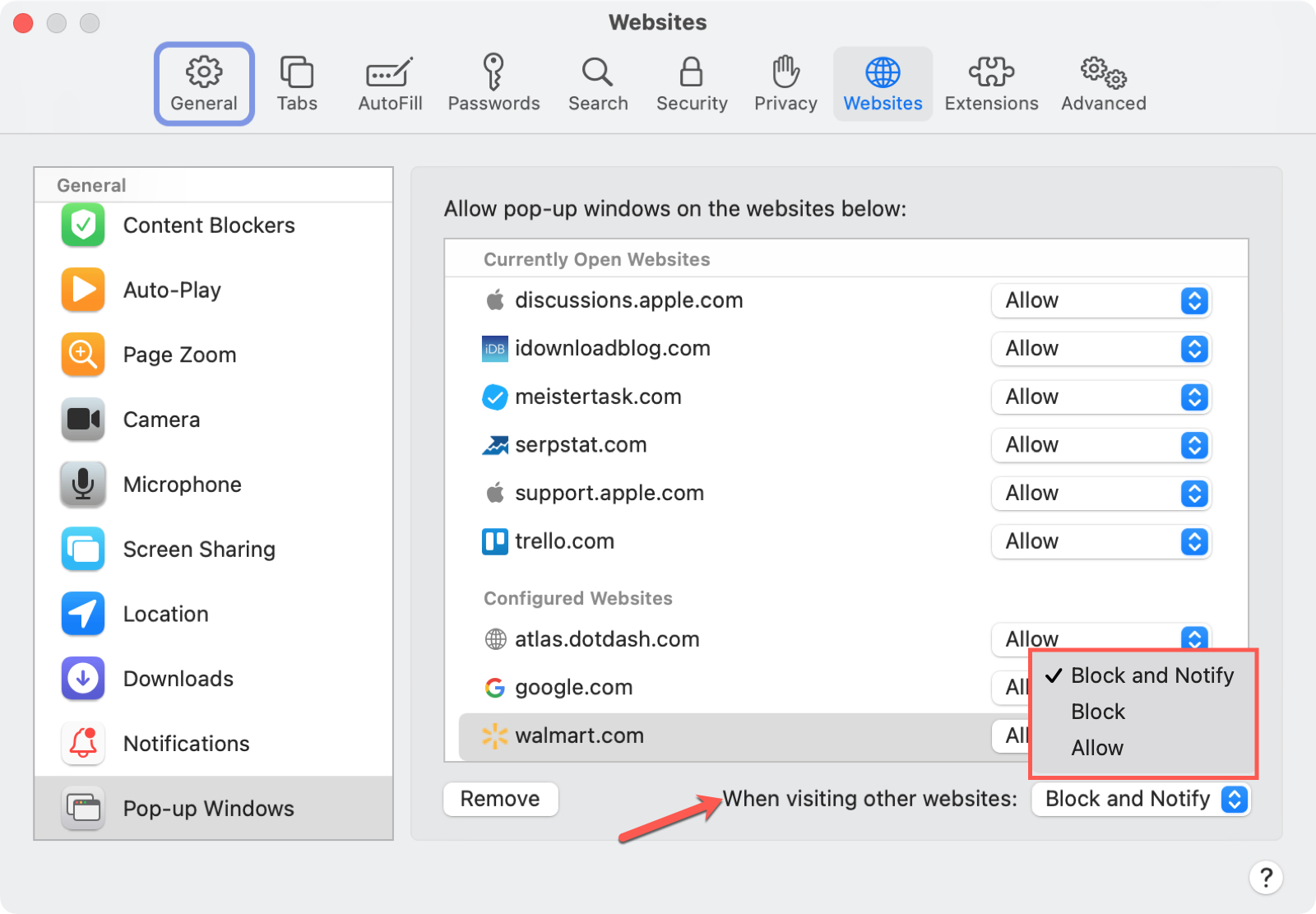 Safari Preferences, Websites Tab, Pop-up Windows Global Setting on Mac