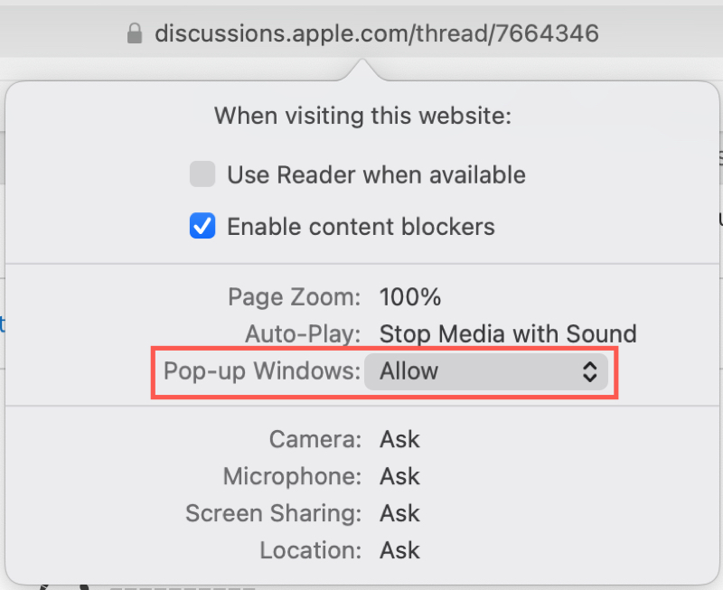 Safari Settings for This Website Allow Pop-ups on Mac