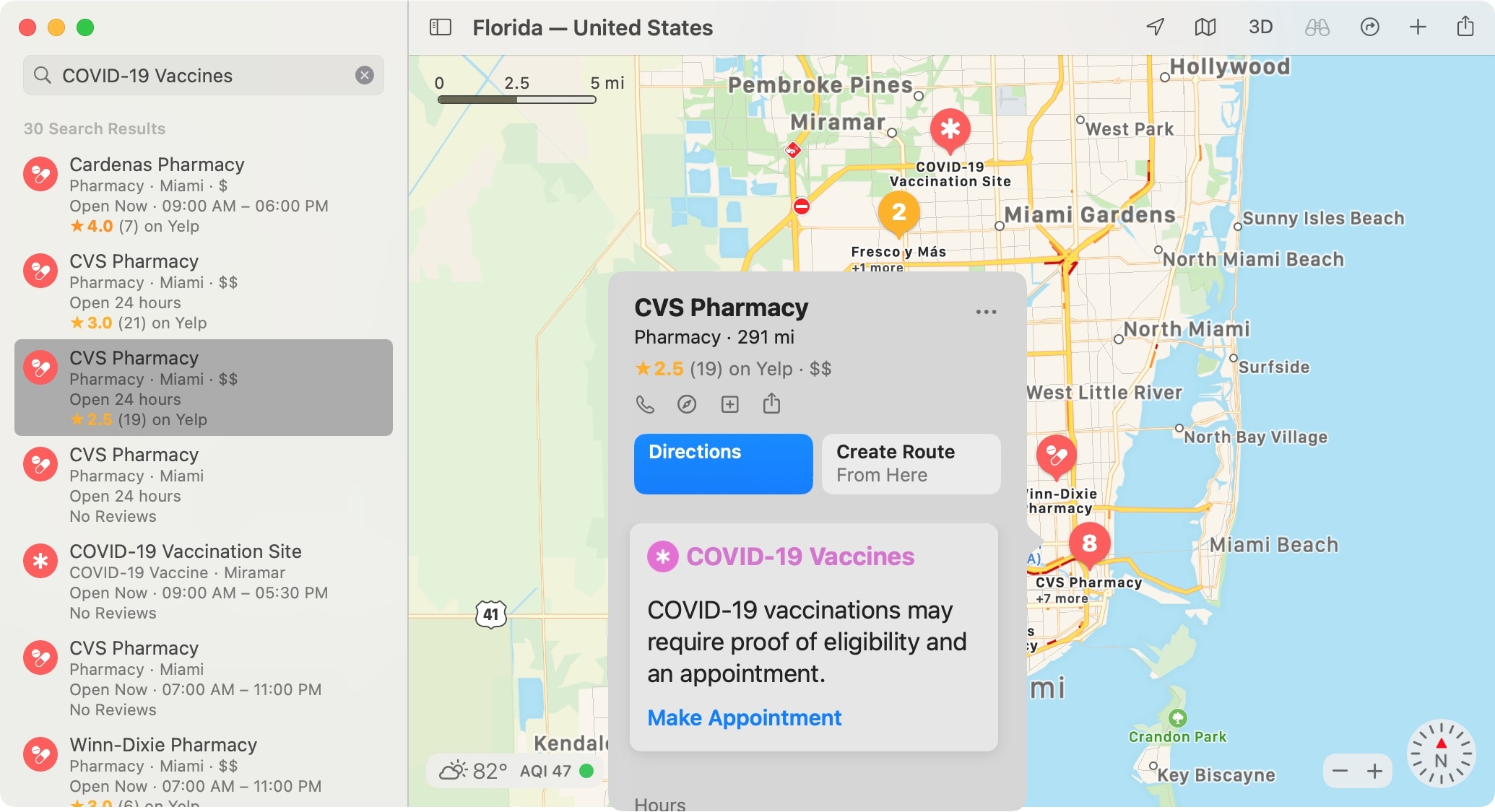 Select COVID Vaccine Location in Maps on Mac