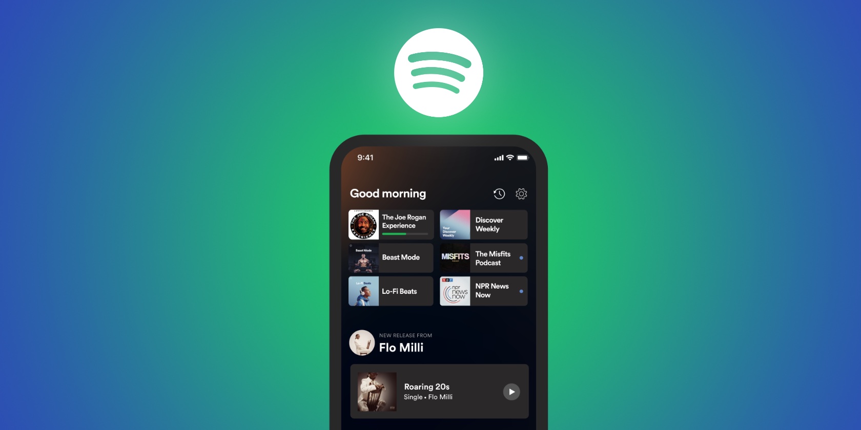 An illustration showing the Spotify app on iPhone with a redesigned Home Hub set against a colorful background