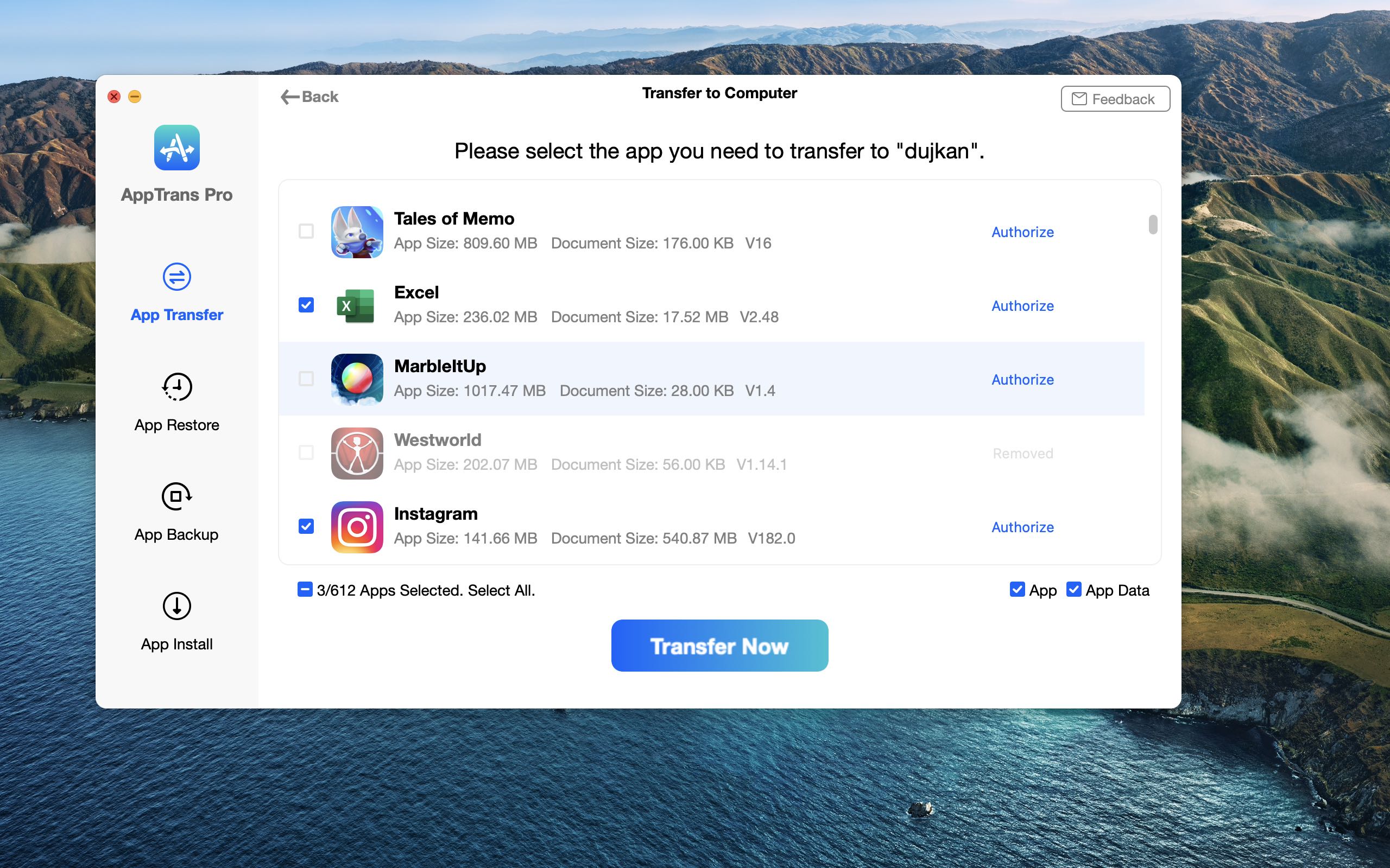 A screenshot showing the app transfer feature in the AppTrans app for macOS from iMobie