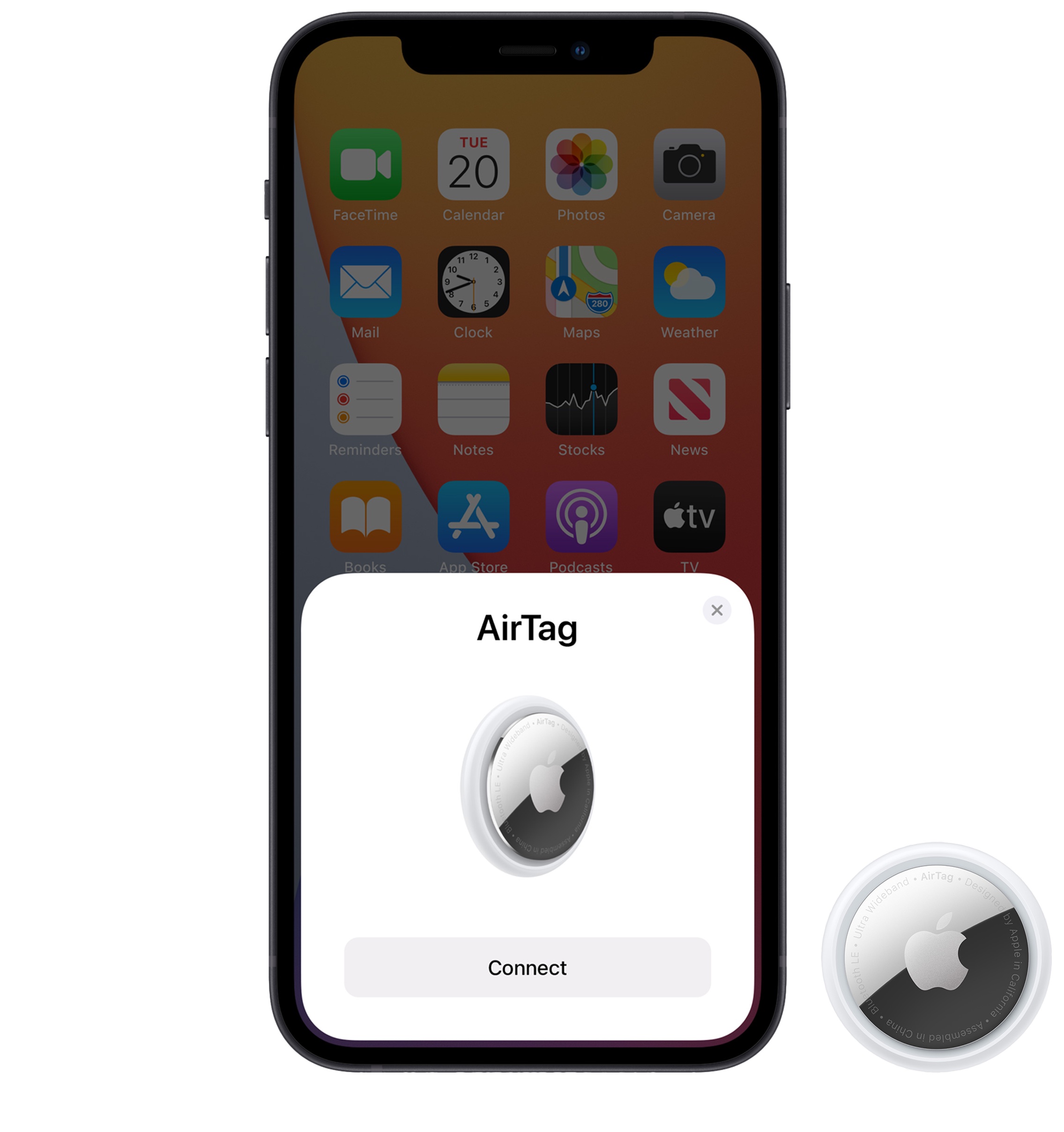 A promotional image from Apple showing the pairing process for the AirTag personal item tracker with an iPhone displaying the AirTag Connect card