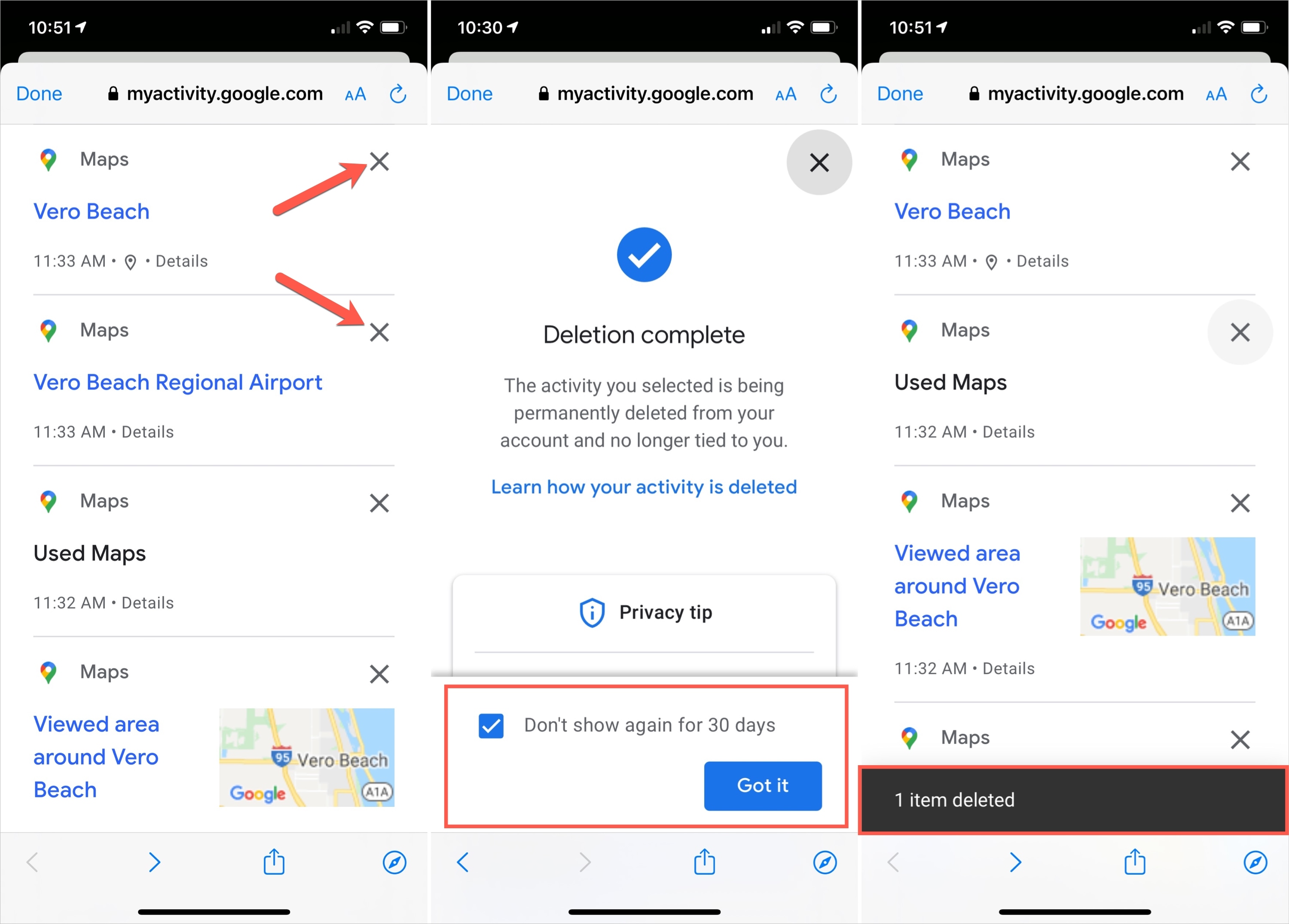 Google Maps Delete History for Locations on iPhone