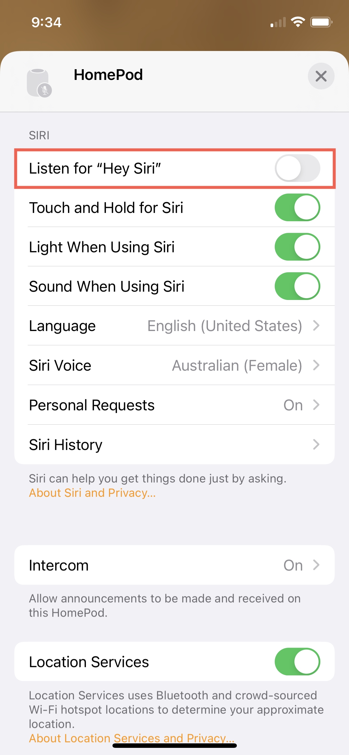 HomePod Listen for Hey Siri Off