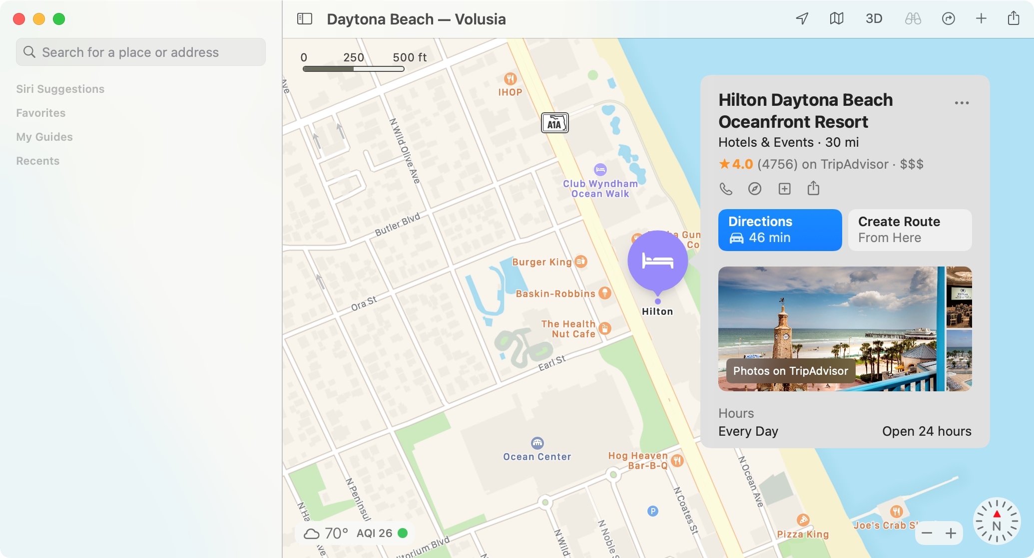 Maps Create a Route to the Daytona Hilton on Mac