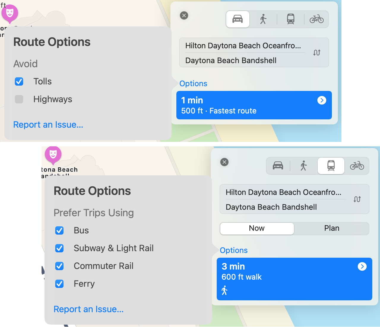 Maps Route Options on Mac