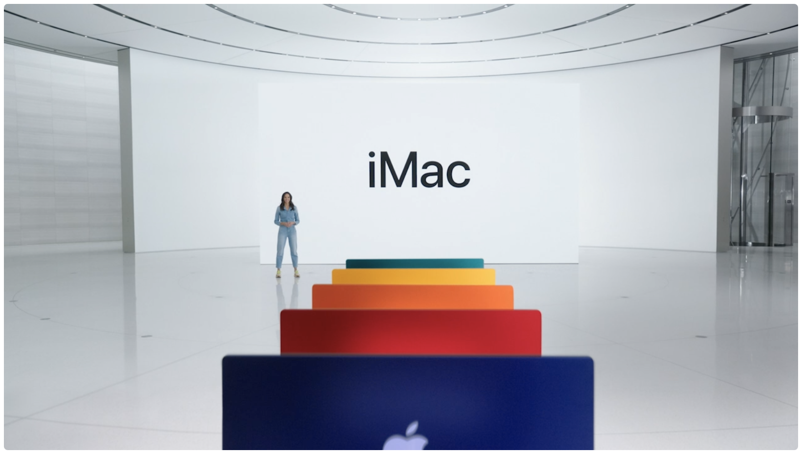 Une diapositive de l'événement Apple d'avril 2021 montrant les modèles iMac colorés