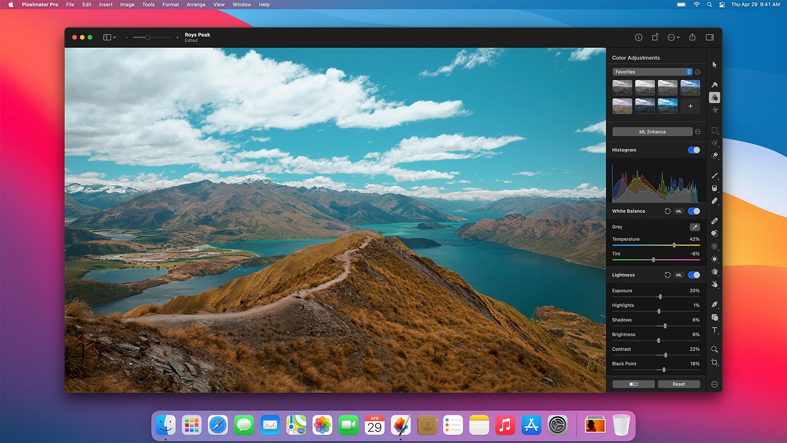 A Mac screenshot displaying LUT color adjustments in the Pixelmator Pro image editor