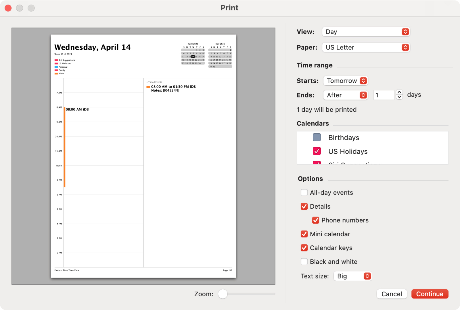 Print Day Events in Calendar on Mac