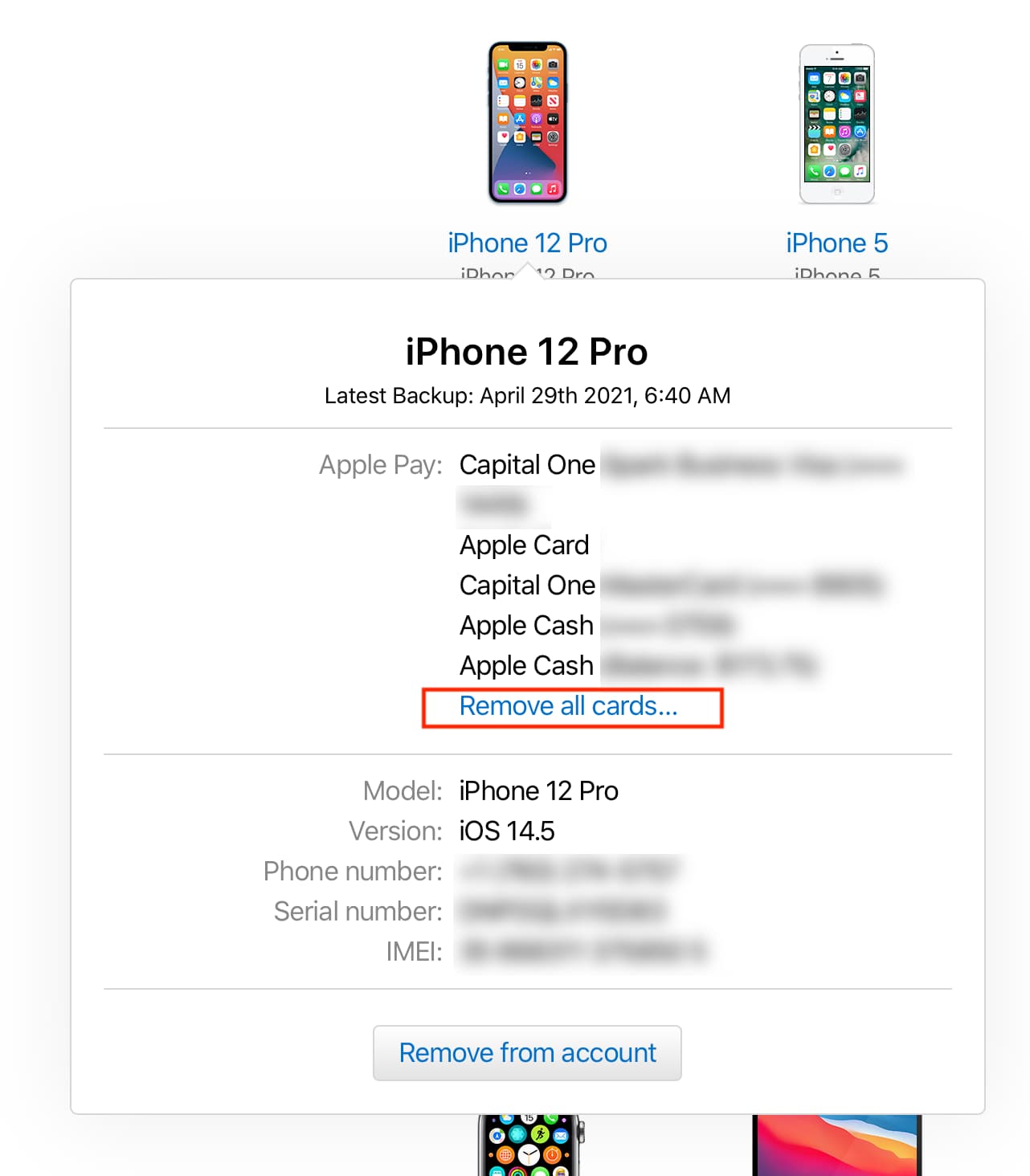 Remove cards from device on iCloud