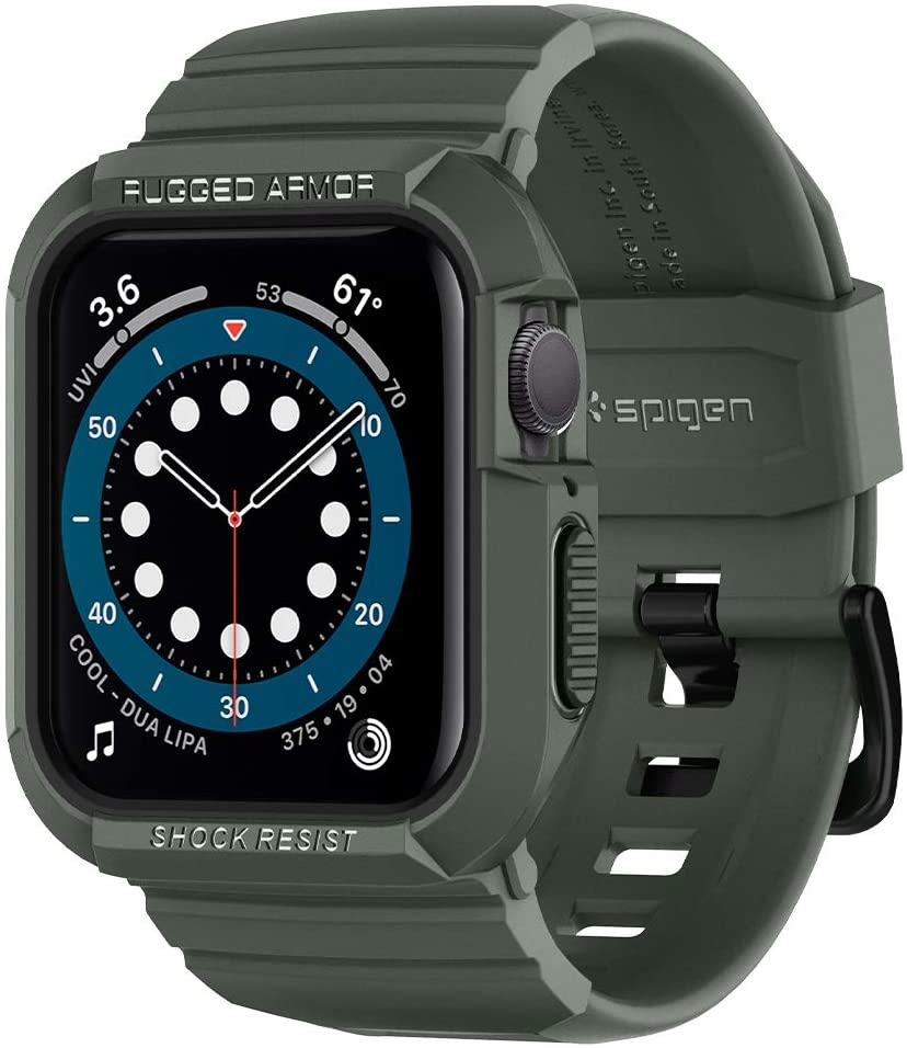 Marketing image showcasing an Apple Watch Series 6 in Spigen's rugged case