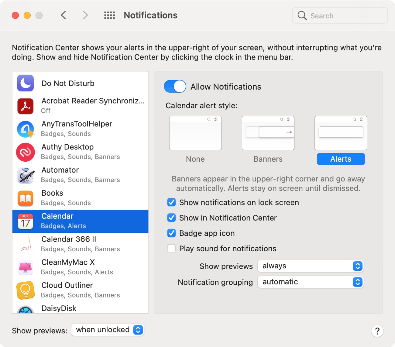 Notifications de calendrier sur Mac