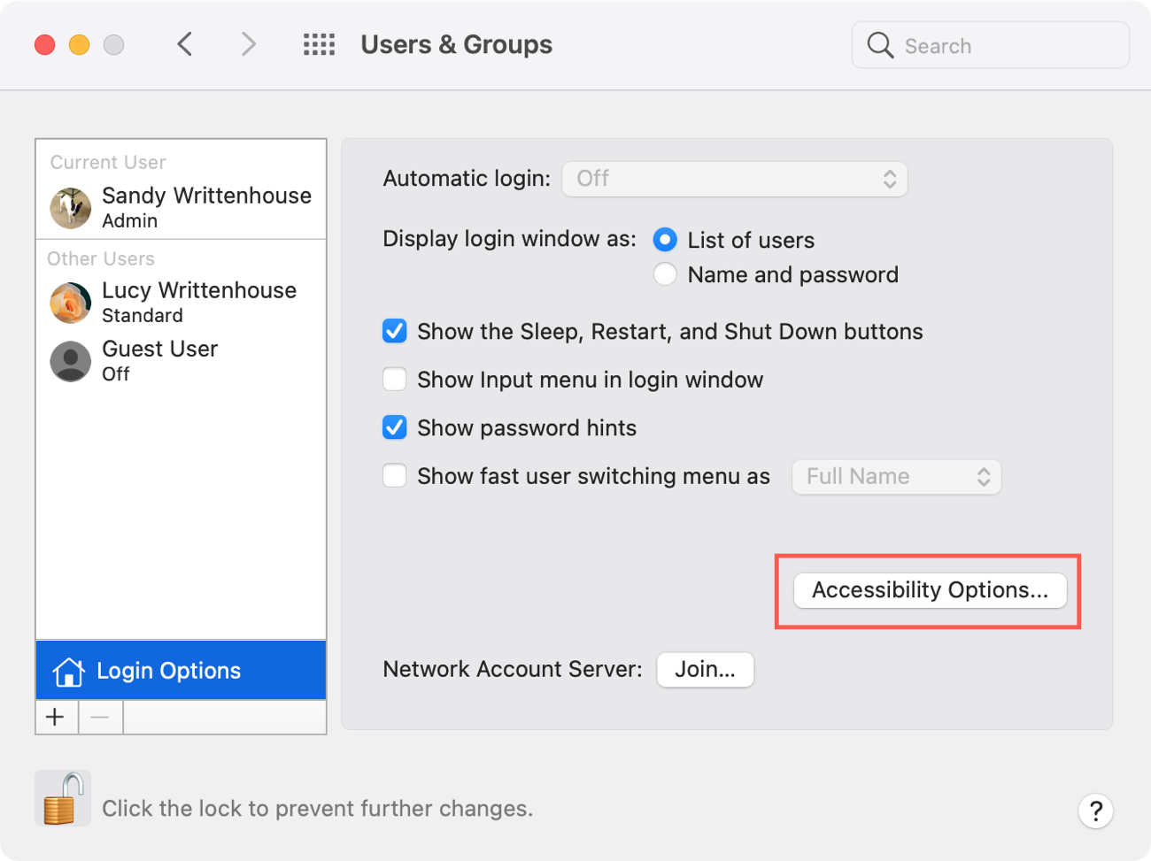 Users and Groups, Login and Accessibility Options on Mac