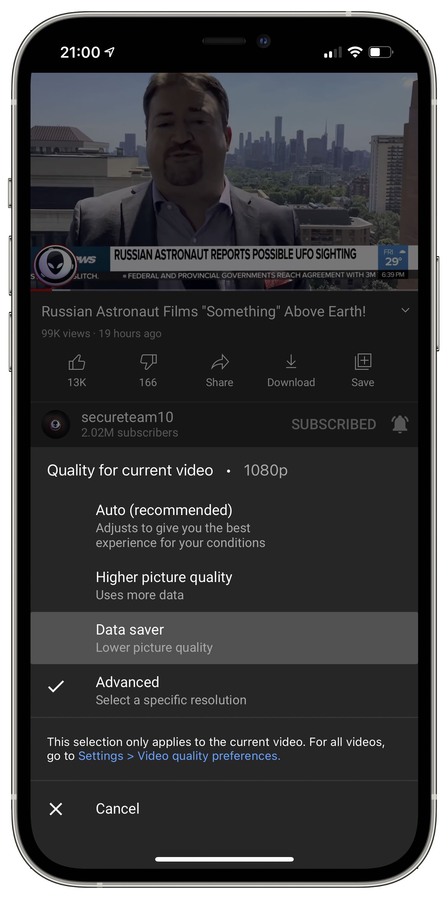 An iPhone screenshot showing setting vide resolution for all videos streamed in the mobile YouTube app