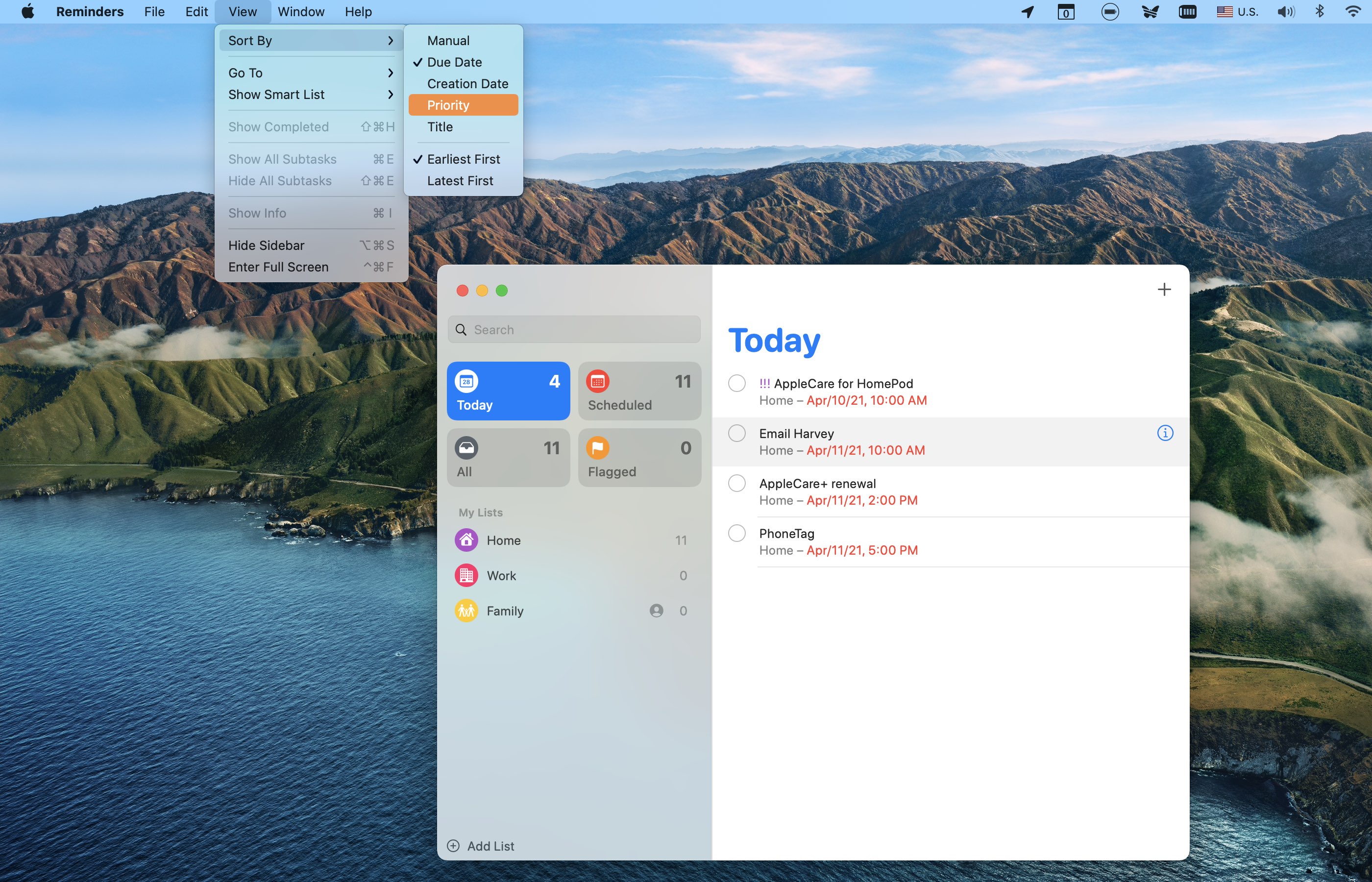 A Mac screenshot of the Apple Reminders app on macOS Big Sur 11.3 showing the sort by priority option