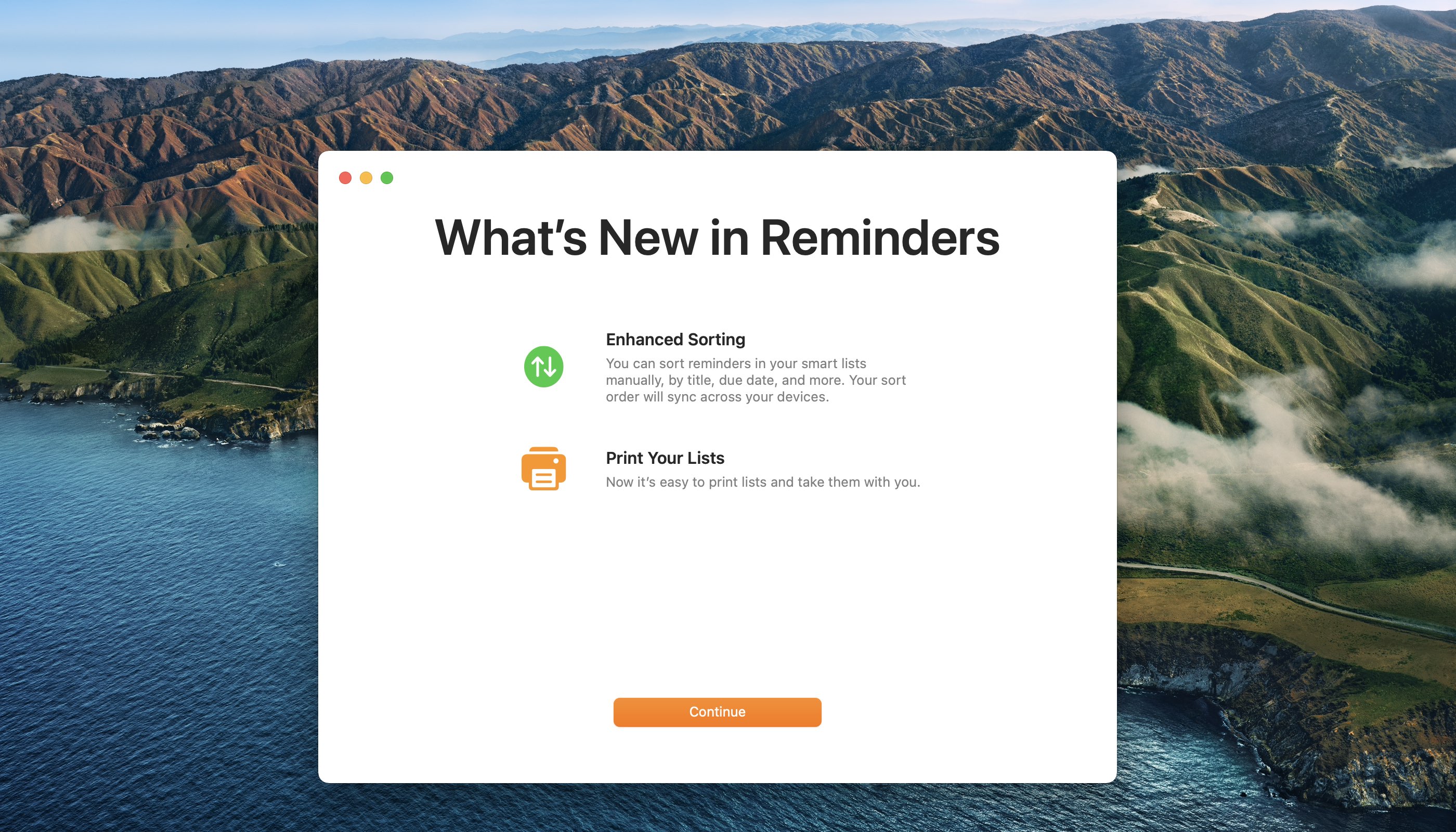 A Mac screenshot of the Apple Reminders app on macOS Big Sur 11.3 displaying a splash screen with the new sorting option