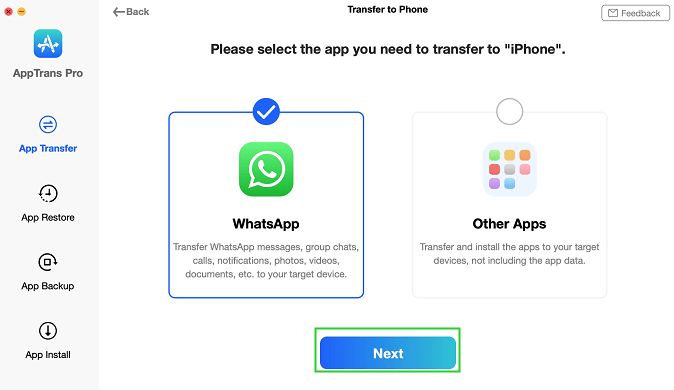 A screenshot showing the AppTransfer function in the AppTrans app for macOS from iMobie