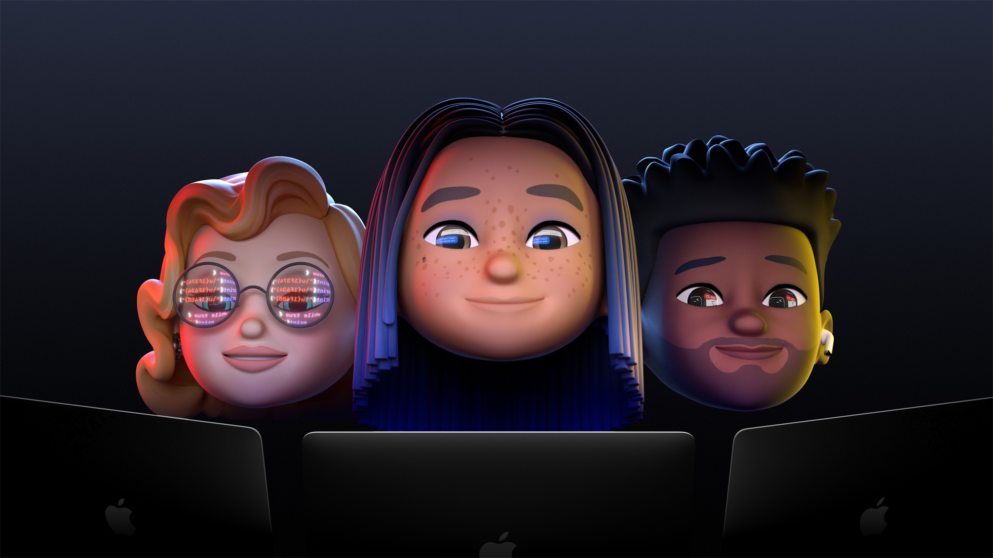 Apple's promotional image for the WWDC 2021 showing Memojis representing two female developers and one female developers starring at their computer screens