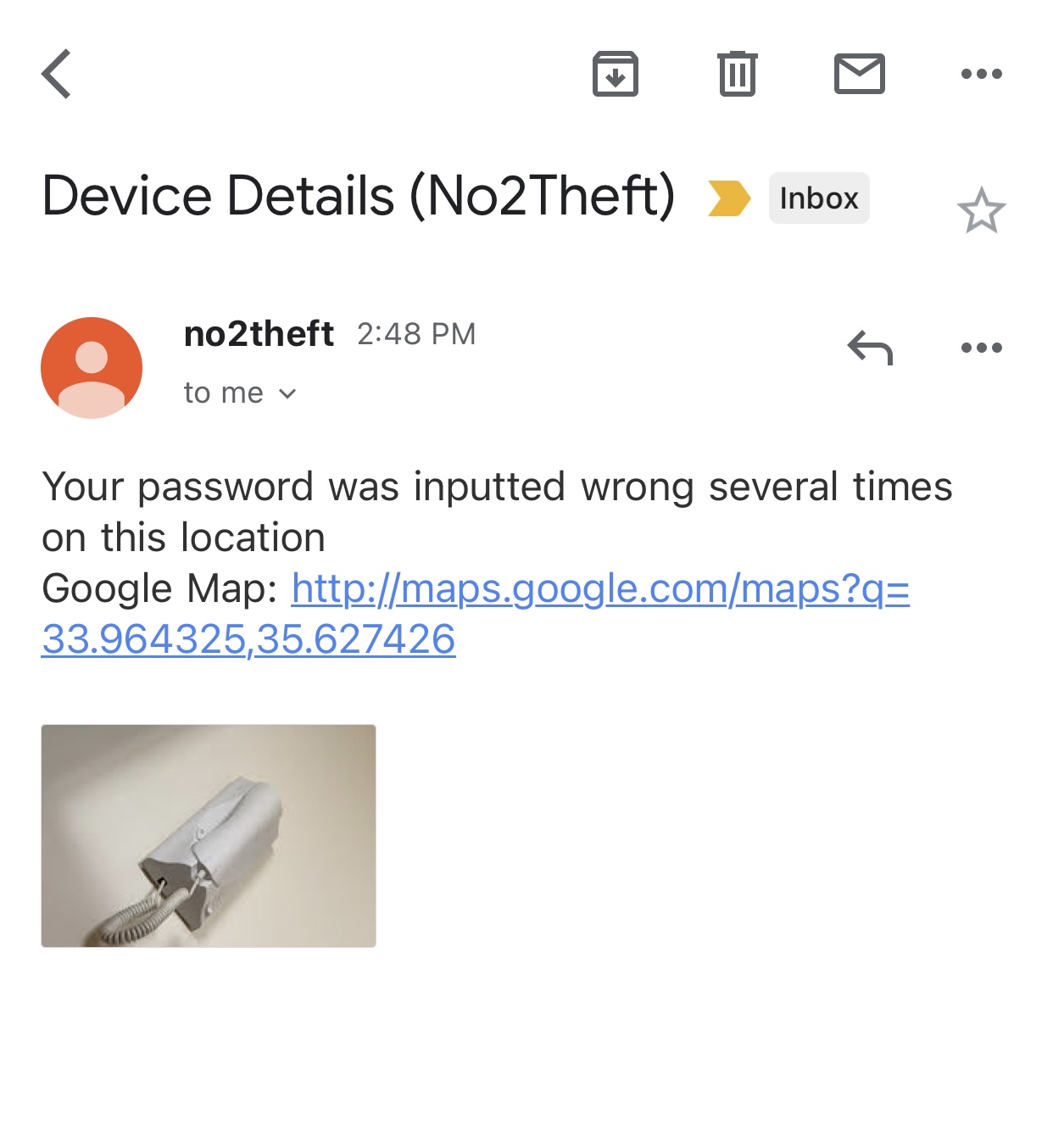 An email showing what appears when someone tries to steal your No2Theft-enabled iPhone.