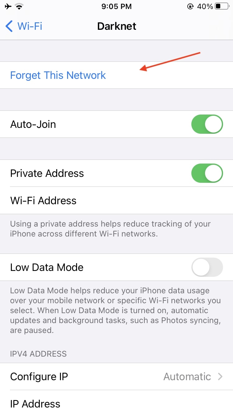 Forget Wi-Fi network iPhone