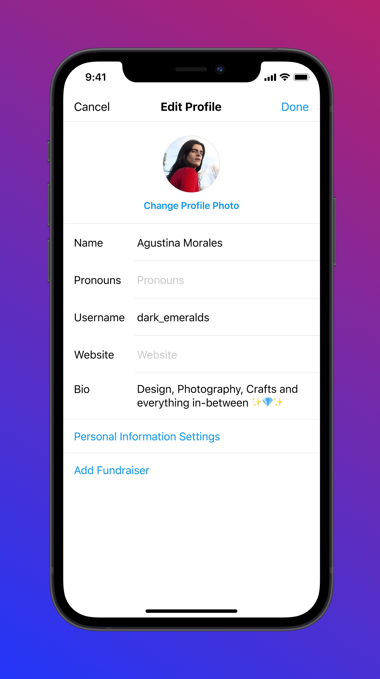 An image showing how to add pronouns to your Instagram profile on iPhone