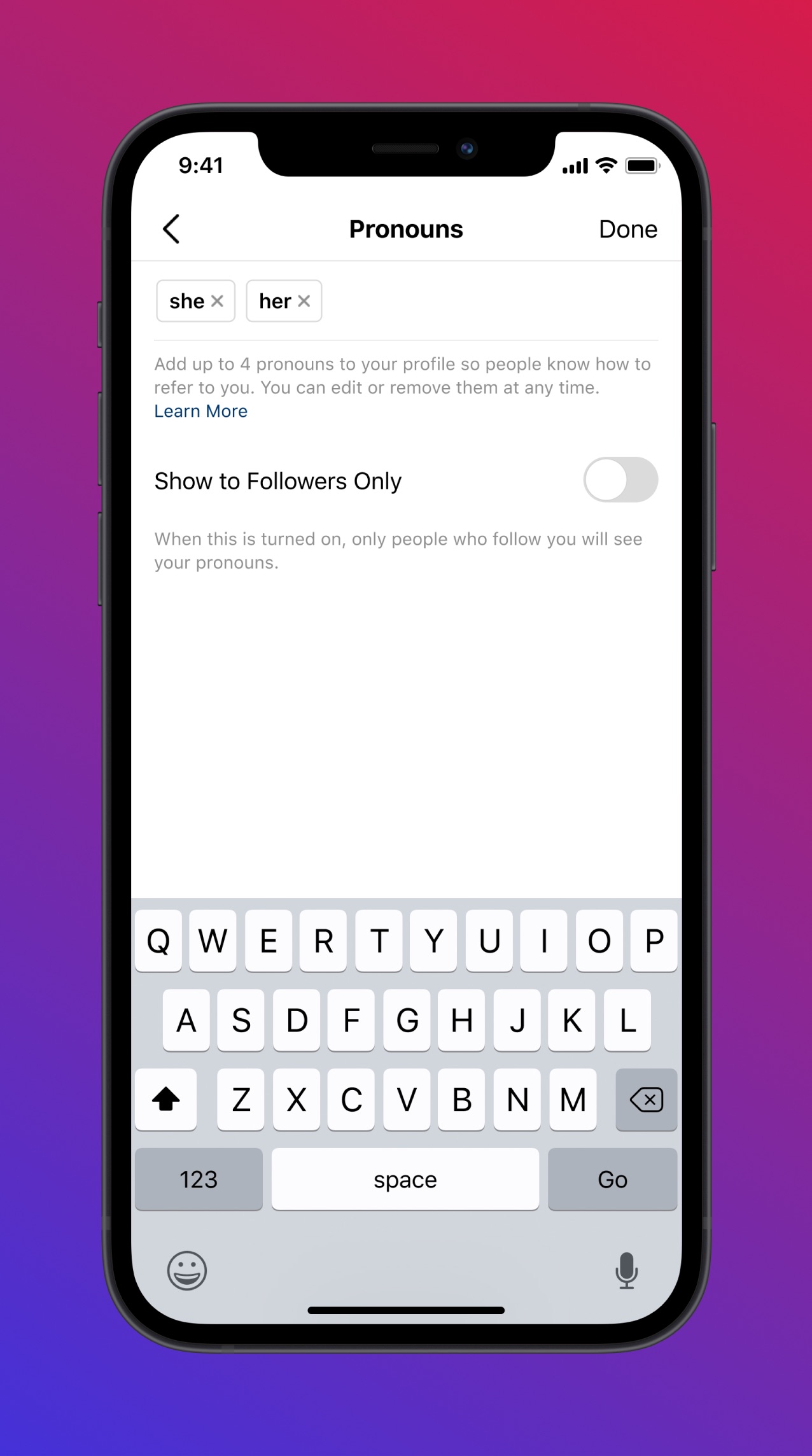 An image showing how to restrict pronouns on your Instagram profile to followers only on iPhone