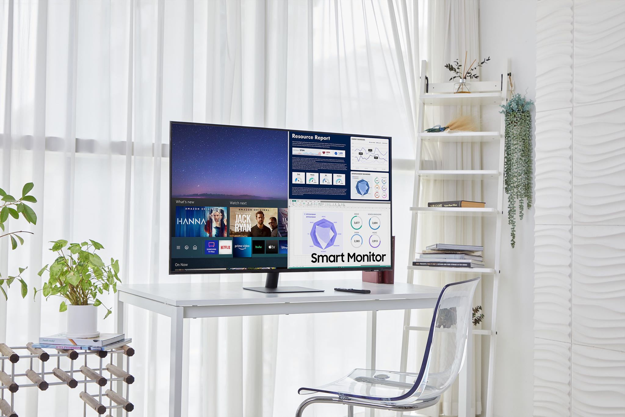 Samsung's promotional photograph depicting the new 43-inch M7 Smart Monitor on a desk
