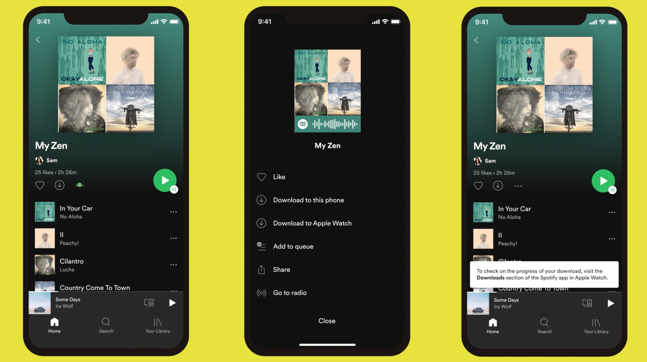 An image showing Spotify for iPhone set against a yellow background. The iPhone is shown running Spotify in offline mode with the "Add to Apple Watch" command selected in the interface.