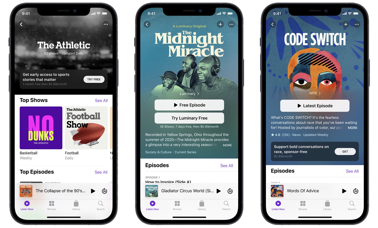 Marketing image showcasing Apple Podcasts Subscriptions Service with multiple channels shown on iPhone