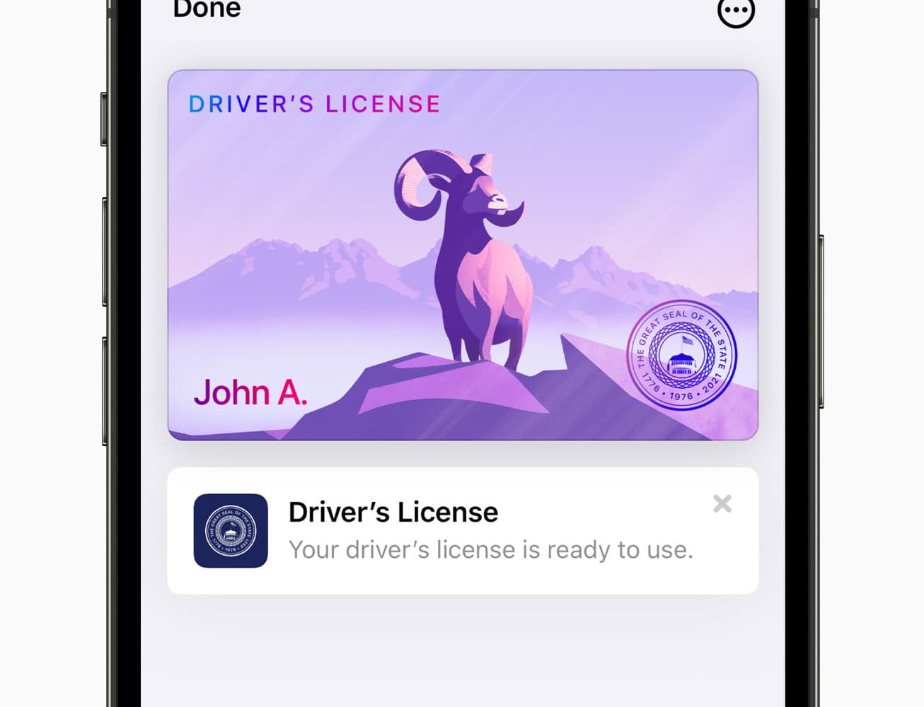 Apple's promotional image for iOS 15 showing an iPhone with a user's state-issued ID in the Wallet app