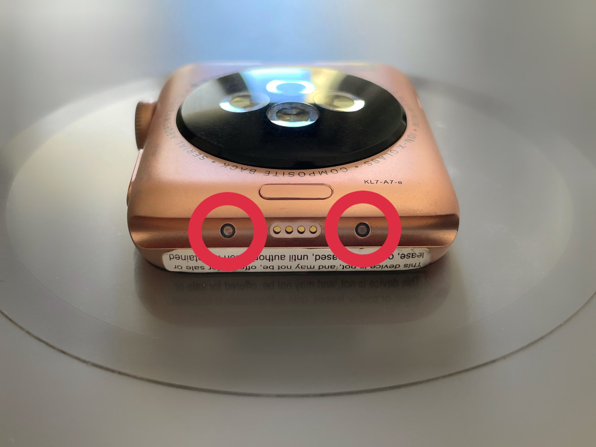 A photo of Apple Watch prototype showing two iPad-like Smart Connector contacts in the band area