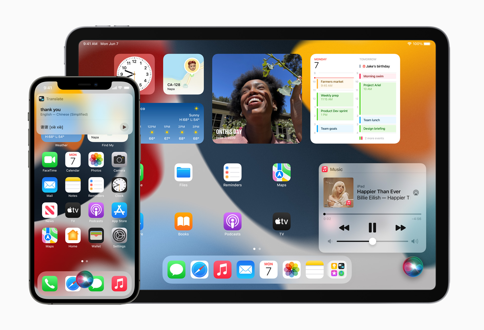 A teaser image showing iOS 15 Siri running on the iPhone and iPad