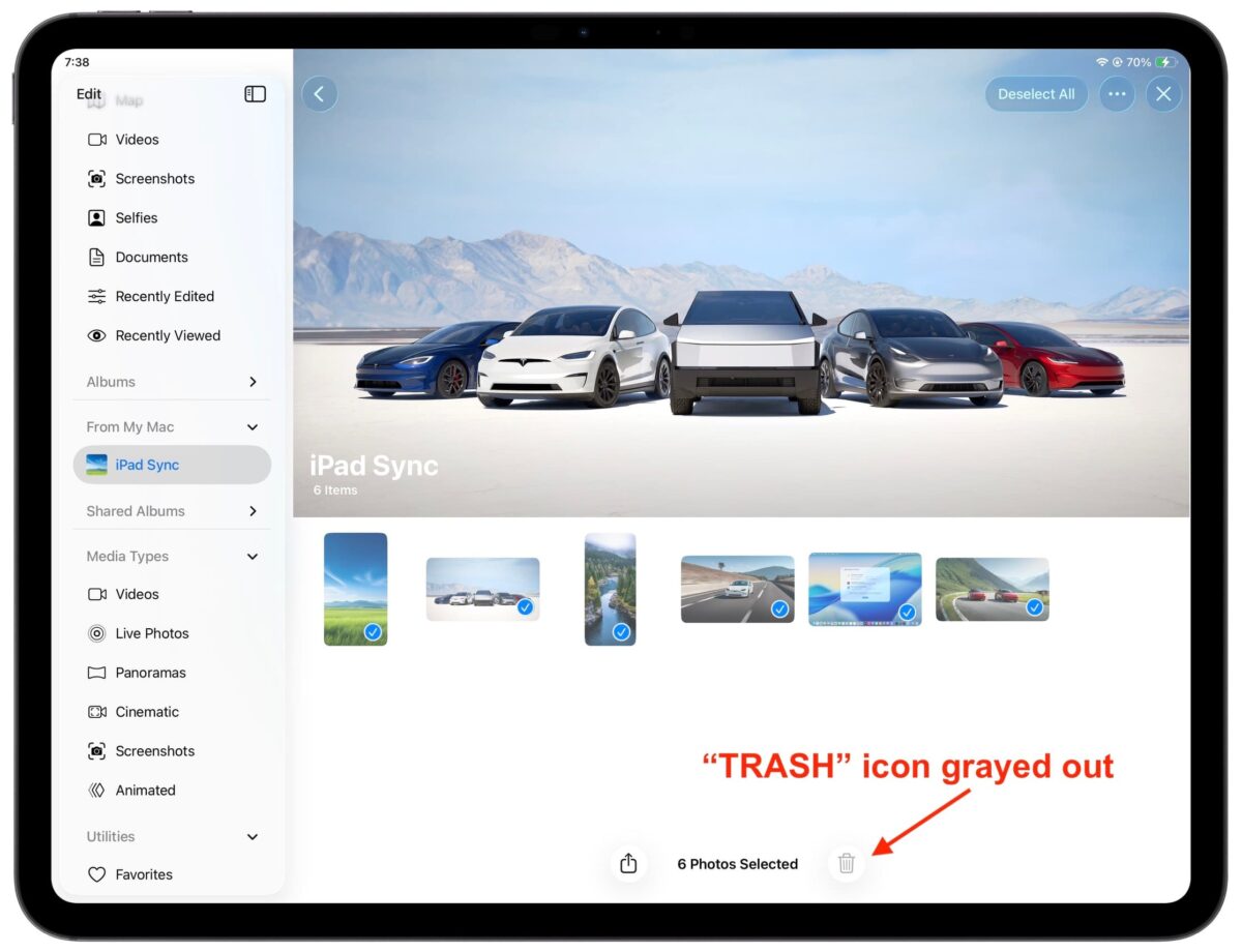 How to delete iOS photos with no or grayed out Trash icon