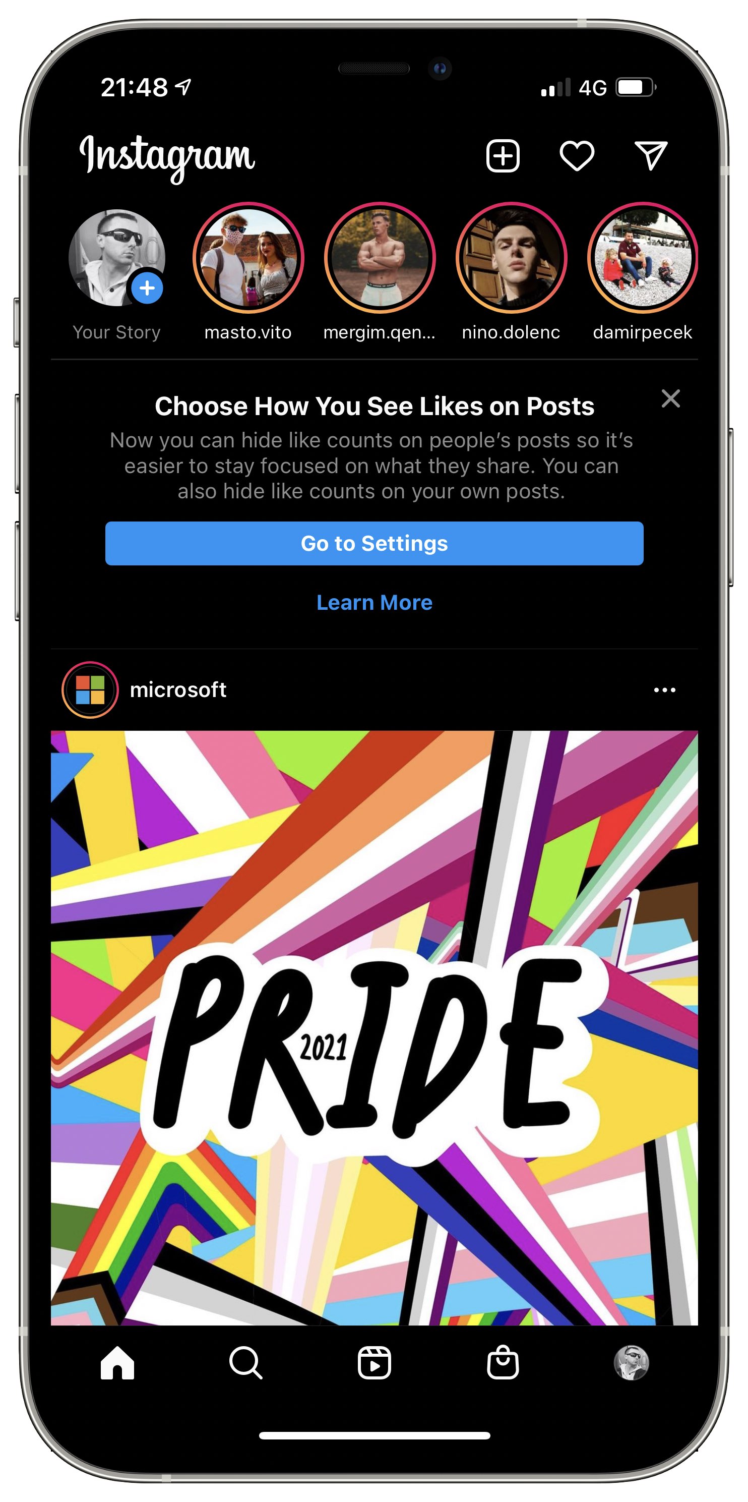 An iPhone screenshot showing a message on Instagram about the ability to hide like counts on posts