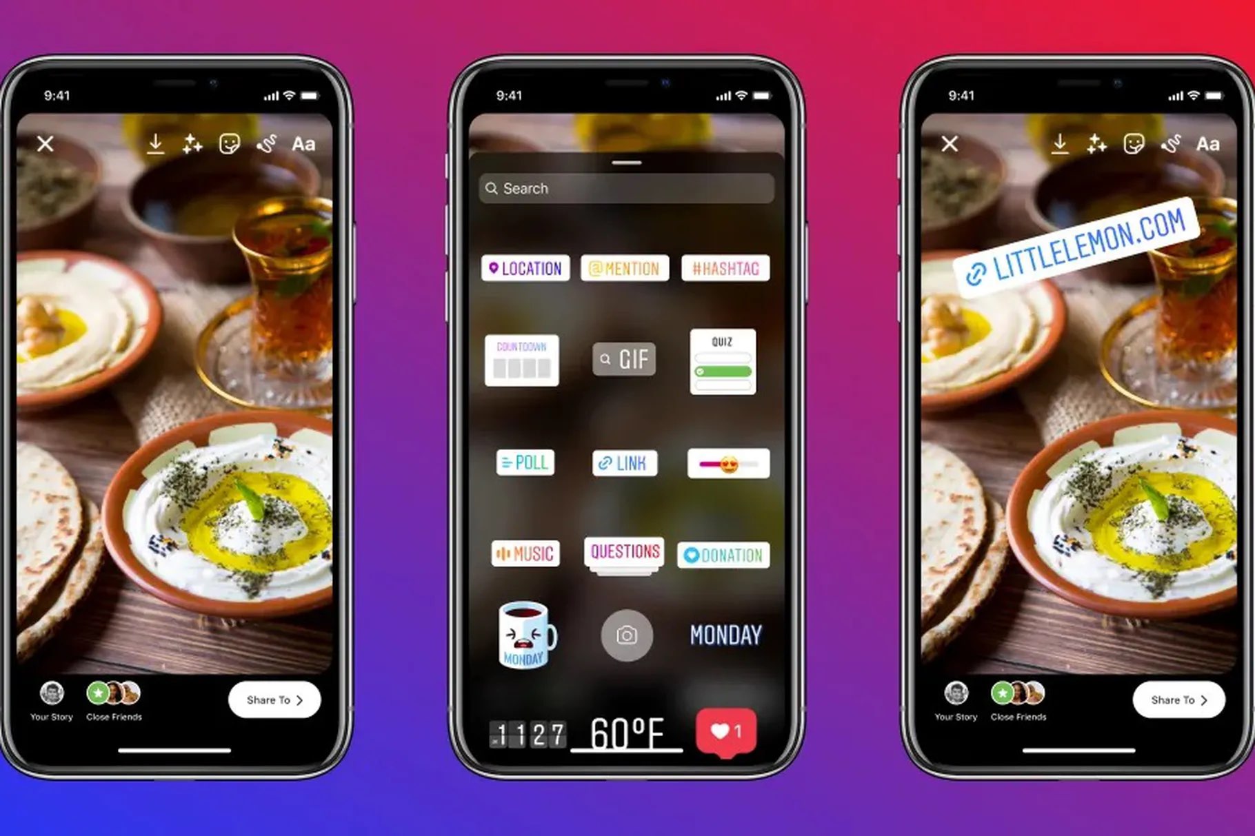 A promotional image from Instagram showing using a linking sticker for sharing links in stories on iPhone