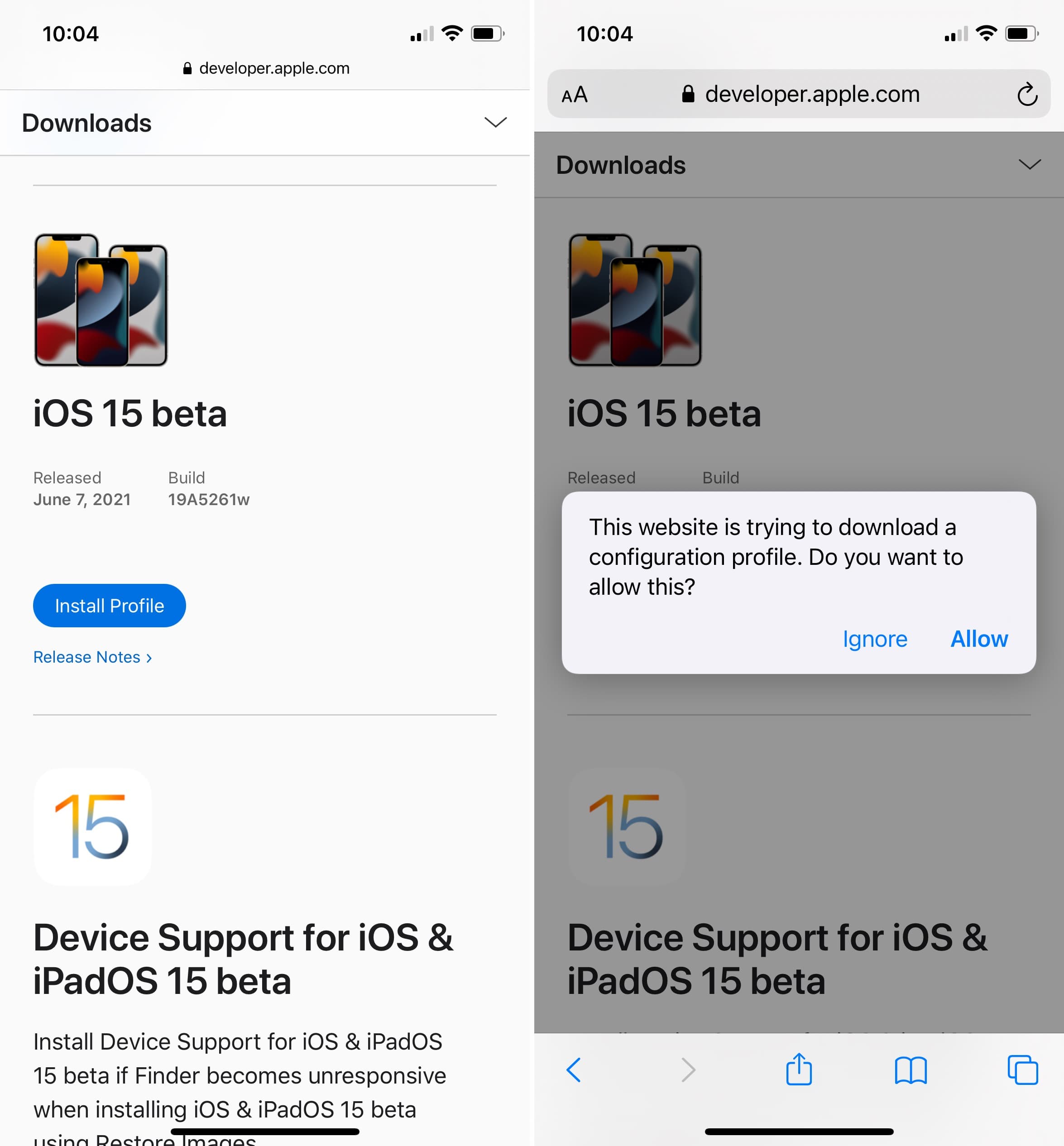 Install iOS 15 beta profile