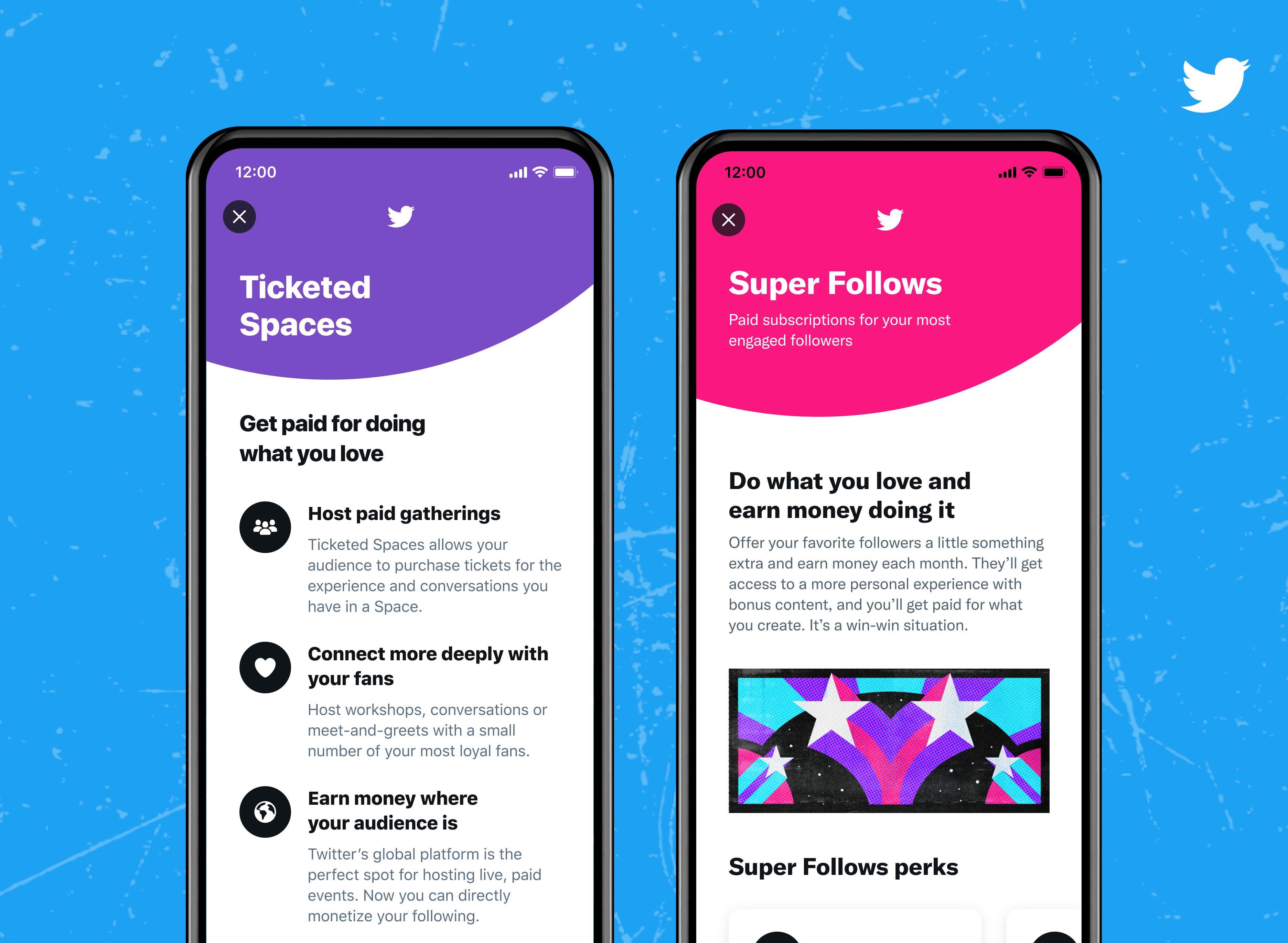 Twitter's promotional graphics promising the Ticketed Spaces and Super Follows monetization features on iPhone