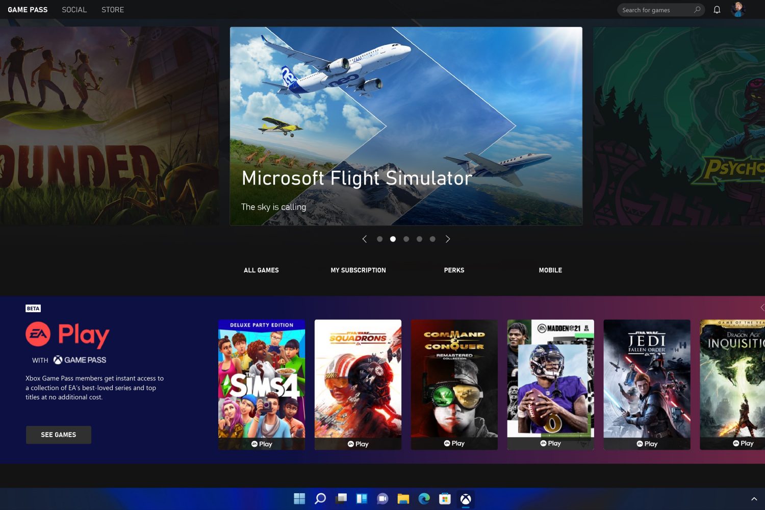 A screenshot showing Microsoft Store with Xbox Game Pass on Windows 11