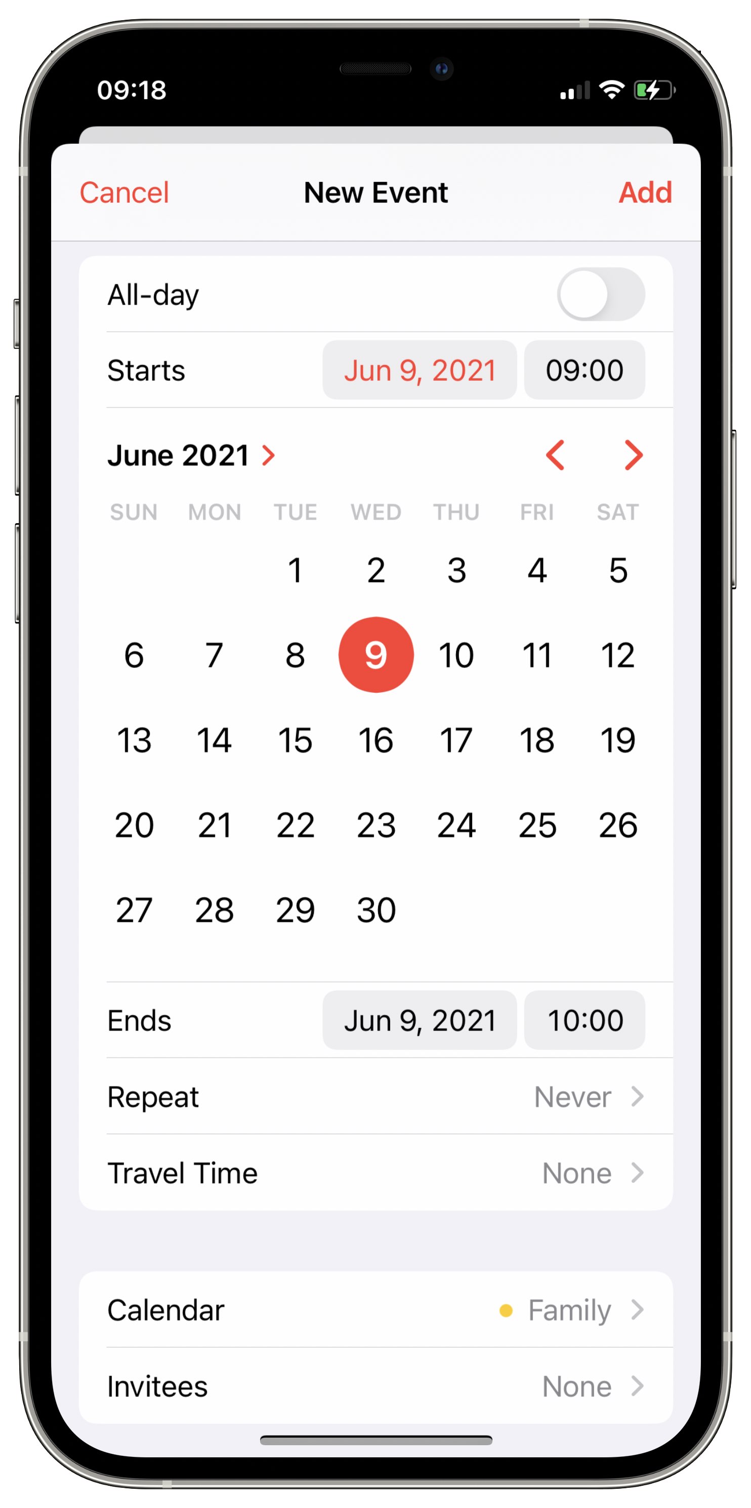 iPhone screenshot showing the date picker selector for Apple Calendar on iOS 15