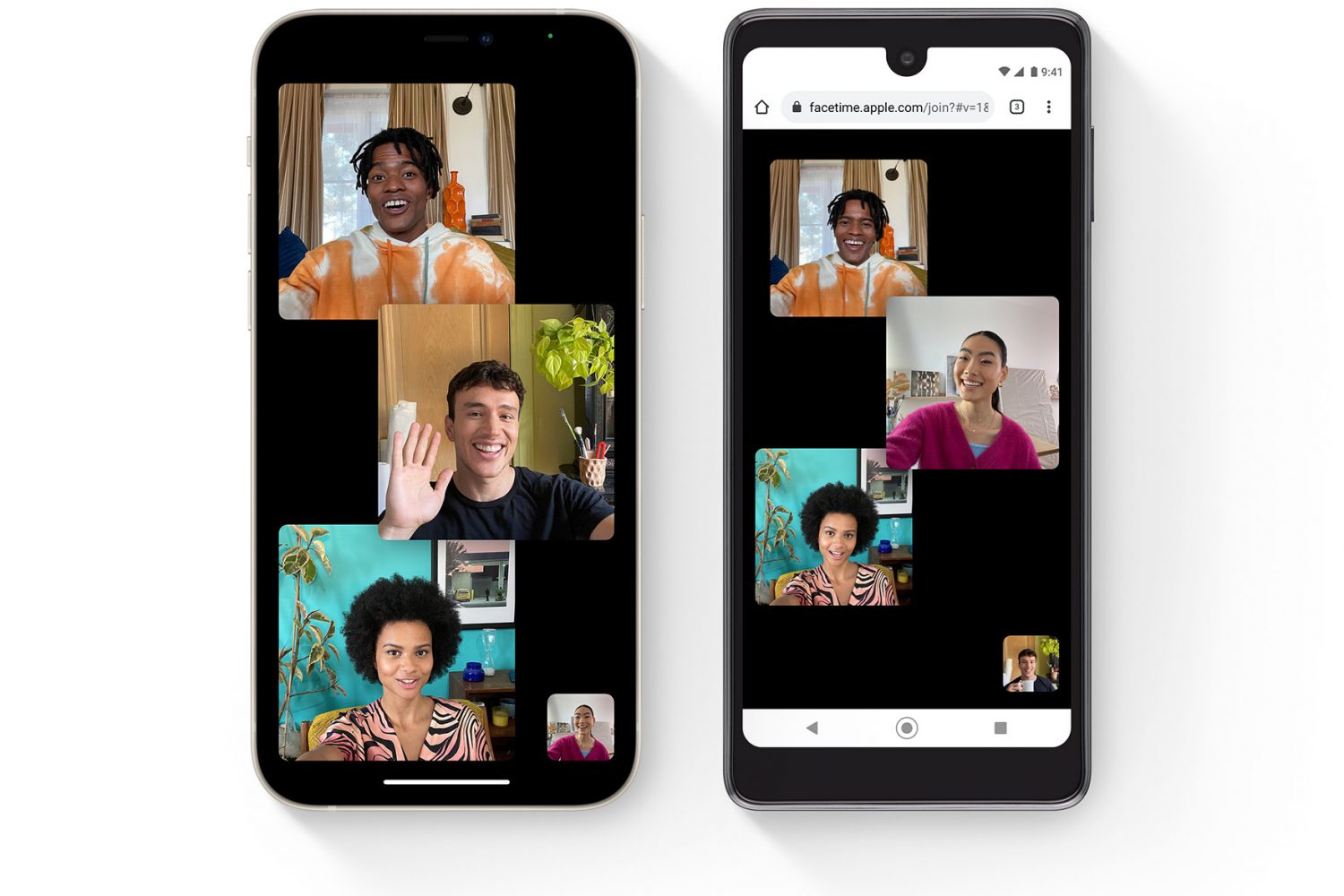 Apple website image showing iOS 15 FaceTime on iPhone and Android