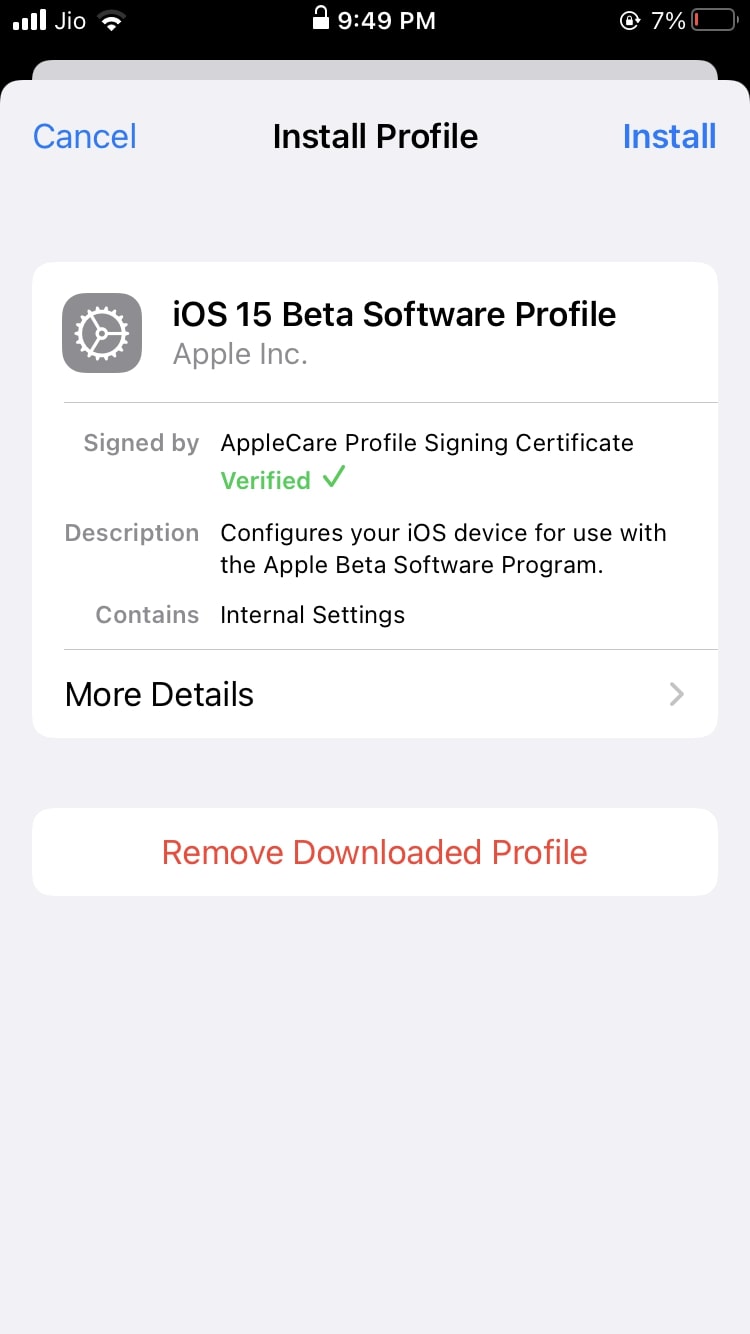 iOS 15 beta profile