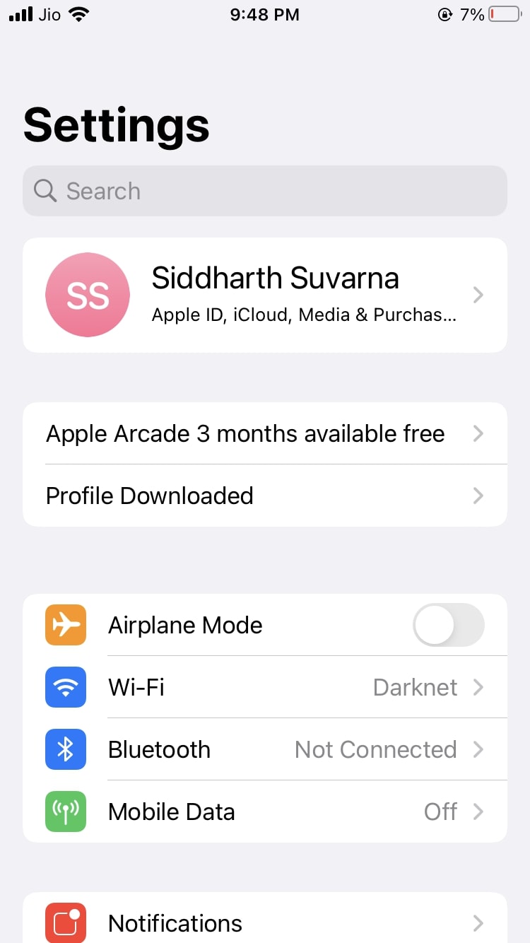 iOS Settings Profile Downloaded