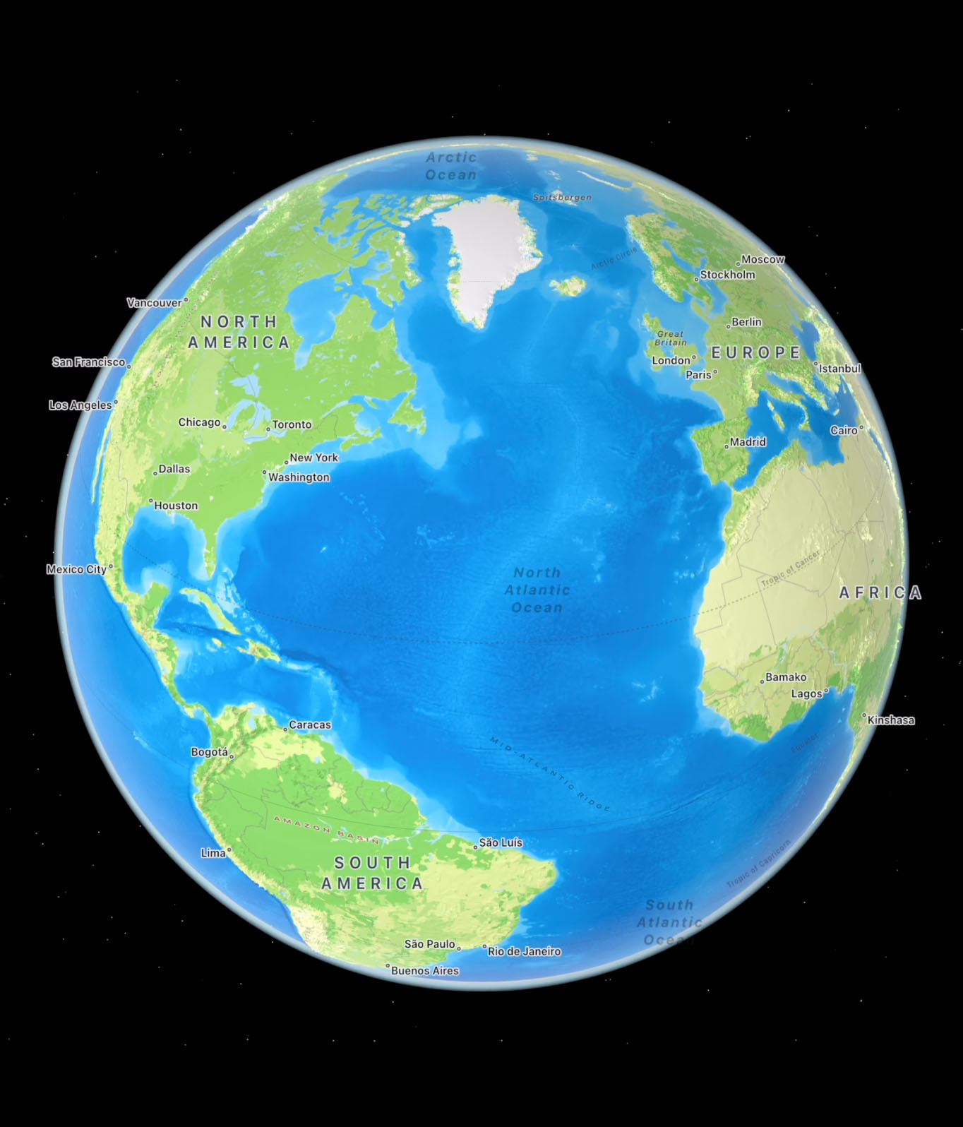 Apple's marketing image showing the globe view on Apple Maps